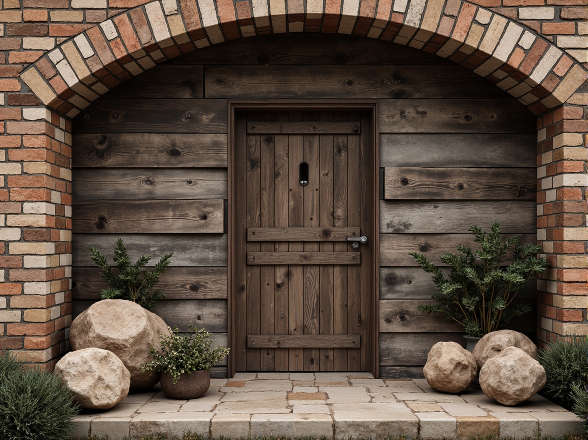 Prompt: Weathered stone walls, rustic wooden planks, distressed metal sheets, rough-hewn boulders, tactile brick facades, organic natural forms, earthy color palette, warm ambient lighting, shallow depth of field, 3/4 composition, realistic textures, ambient occlusion.