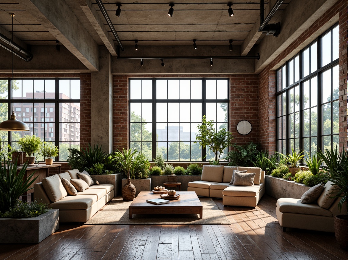 Prompt: Industrial chic loft interior, exposed brick walls, reclaimed wood flooring, large windows, natural ventilation, energy-efficient lighting, eco-friendly materials, minimalist decor, open-plan living space, urban landscape views, concrete ceilings, metal beams, industrial pipes, cozy reading nooks, comfortable lounge seating, lush greenery, living walls, air-purifying plants, warm ambient lighting, soft focus, shallow depth of field, 1/1 composition, realistic textures, subtle color grading.