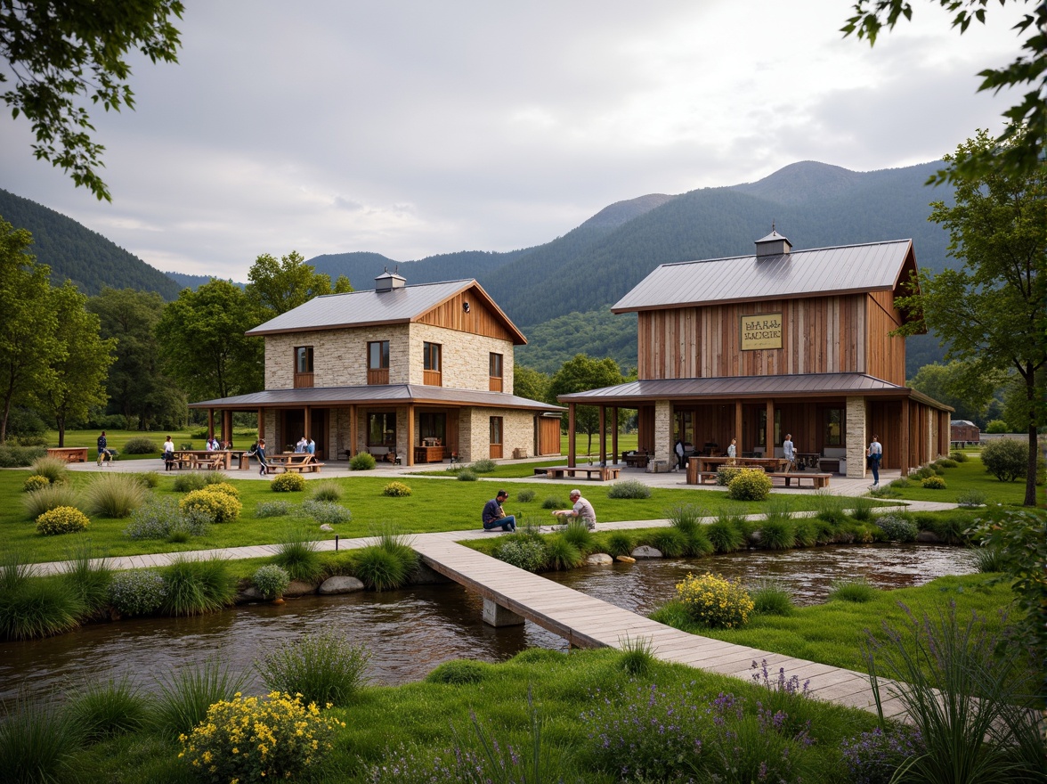 Prompt: Rustic barn, natural stone walls, wooden beams, greenery surroundings, wildflowers, meandering stream, wooden bridges, outdoor classrooms, educational signage, picnic tables, hammocks, rural landscape, rolling hills, distant mountains, cloudy sky, warm soft lighting, shallow depth of field, 1/2 composition, realistic textures, ambient occlusion.