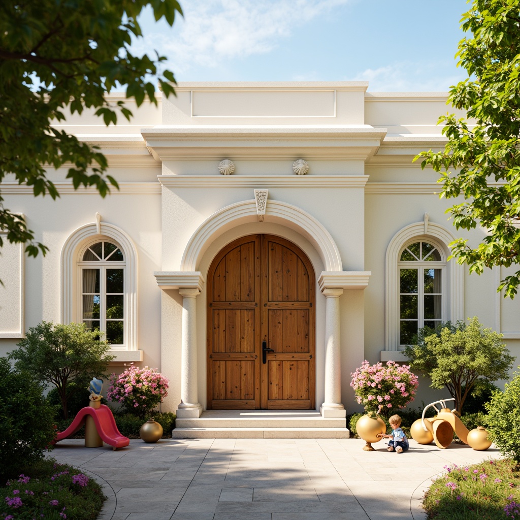 Prompt: Creamy white facade, ornate moldings, rounded arches, soft pastel colors, delicate stonework, subtle column details, intricately carved wooden doors, rustic bronze hardware, whimsical playground equipment, vibrant flower arrangements, lush greenery, sunny afternoon, warm golden lighting, shallow depth of field, 3/4 composition, symmetrical balance, classical proportions, ornate cornices, subtle texture variations, realistic ambient occlusion.