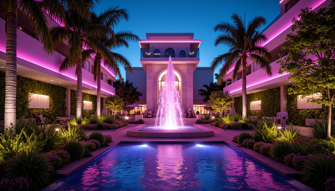 Prompt: Vibrant neon lights, lavish fountains, tropical palm trees, exotic flowers, lush greenery, meandering pathways, ornate bridges, grand entrance gates, opulent water features, modern postmodernist architecture, bold geometric shapes, dynamic curves, bright LED lighting, dramatic nighttime illumination, shallow depth of field, 1/2 composition, cinematic perspective, realistic reflections, ambient occlusion.