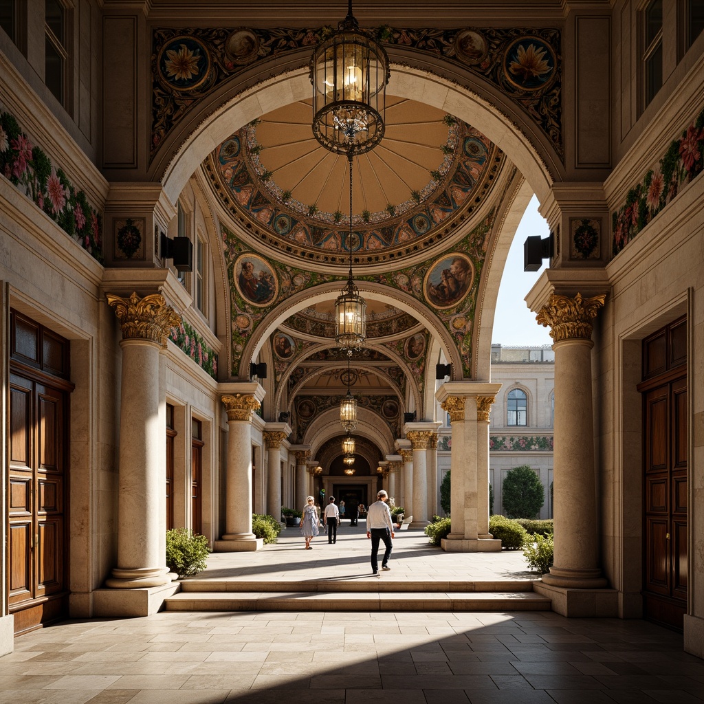 Prompt: Intricate stone carvings, ornate arches, grand domes, richly decorated columns, vibrant mosaic patterns, golden accents, ornamental lanterns, majestic entranceways, intricate frescoes, textured stone walls, subtle lighting effects, warm earthy tones, 1/1 composition, dramatic shadows, realistic textures, ambient occlusion.