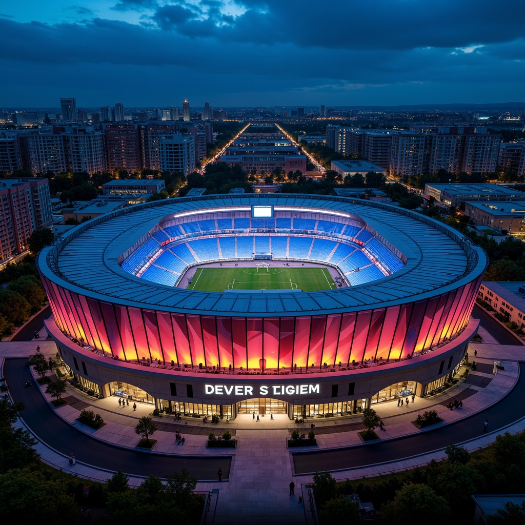 Prompt: Sleek international-style soccer stadium, futuristic fa\u00e7ade design, dynamic LED light displays, angular metal panels, curved glass surfaces, modernist architecture, vibrant team color schemes, geometric patterned roofs, cantilevered canopies, open-air concourses, grand entrance archways, monumental scale, urban cityscape backdrop, dramatic nighttime lighting, 1/1 composition, symmetrical framing, high-contrast photography, detailed texture mapping.