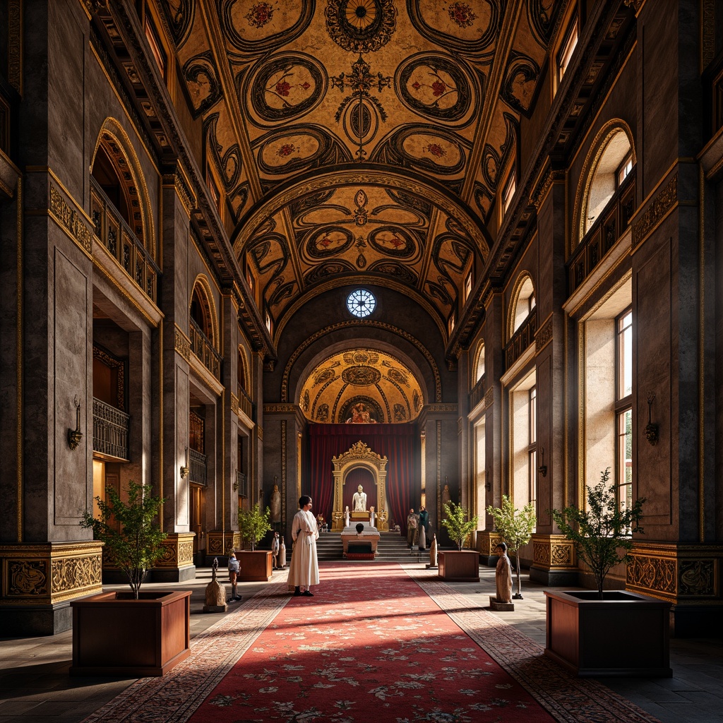 Prompt: Intricate mosaics, golden accents, ornate columns, vaulted ceilings, grand archways, rich tapestries, luxurious furnishings, regal thrones, sacred relics, dimly lit ambiance, soft warm lighting, 1/1 composition, shallow depth of field, realistic textures, ambient occlusion, high-contrast color scheme, vibrant reds and blues, ornate chandeliers, decorative railings, lavish drapery, intricate stone carvings, Byzantine-inspired patterns.