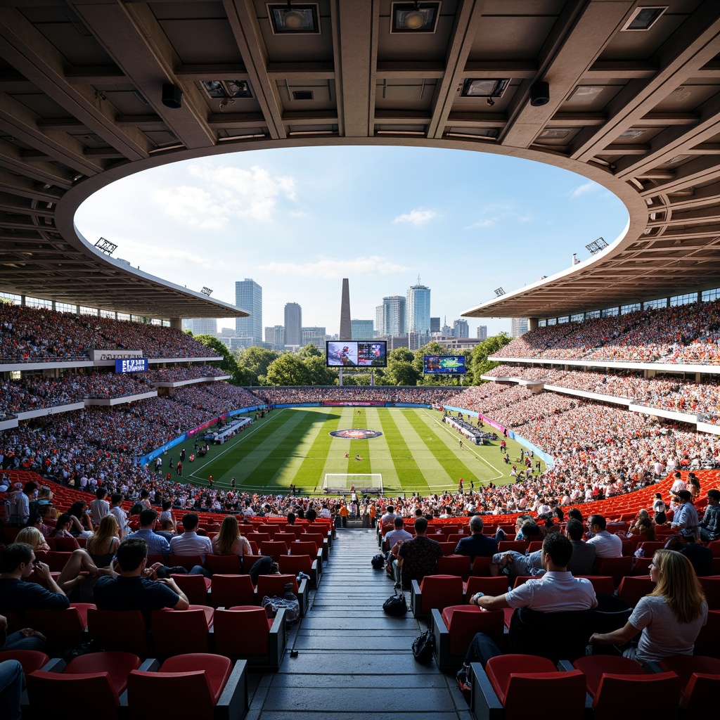 Prompt: Contemporary stadium design, tiered seating, vibrant crowd atmosphere, comfortable cushioned chairs, ample legroom, optimal sightlines, unobstructed views, curved rows, gradual elevation changes, sleek railings, modern scoreboard displays, dynamic LED lighting, immersive audio systems, panoramic cityscape views, sunny afternoon, soft warm glow, shallow depth of field, 2/3 composition, realistic textures, ambient occlusion.