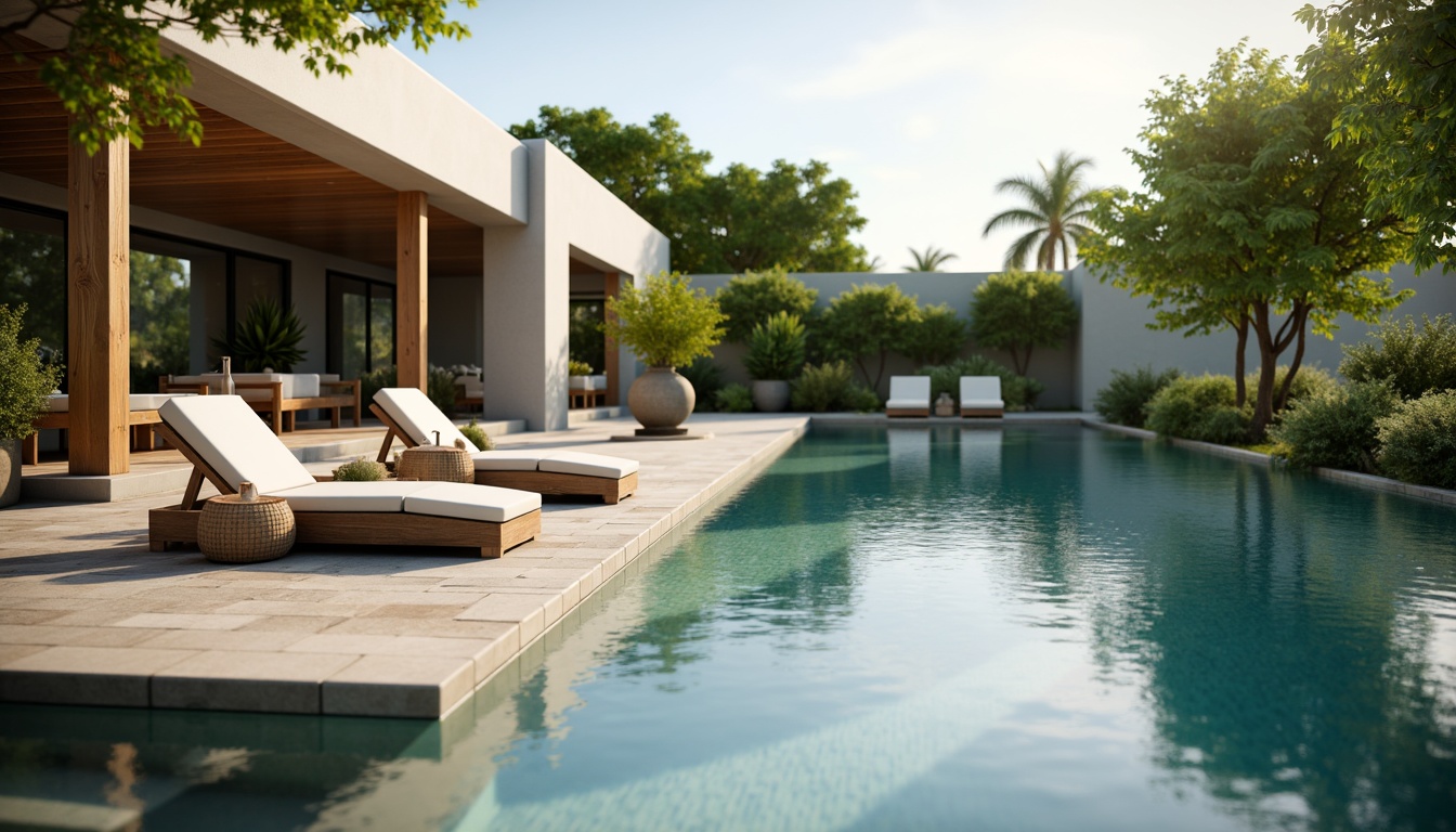 Prompt: Eco-friendly swimming pool, natural stone deck, recycled glass tiles, sustainable wood flooring, energy-efficient pumps, saltwater chlorination system, solar-powered water heating, green roof integration, lush tropical plants, warm sunny day, soft diffused lighting, shallow depth of field, 1/2 composition, realistic textures, ambient occlusion.