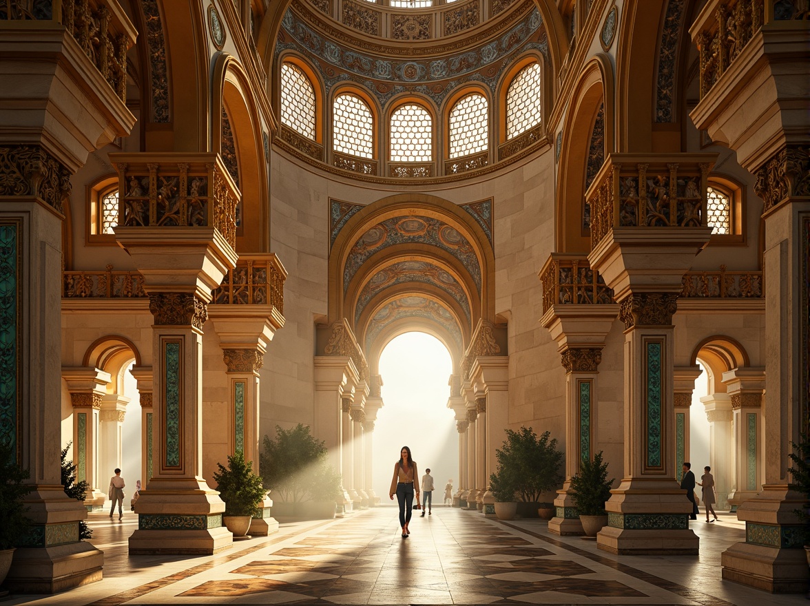 Prompt: Intricate arches, ornate carvings, golden domes, grandiose entranceways, ornamental columns, marble floors, richly patterned mosaics, vibrant turquoise accents, warm golden lighting, soft ambient occlusion, 1/2 composition, close-up shots, detailed textures, realistic reflections, majestic interior spaces, atmospheric fog effects.