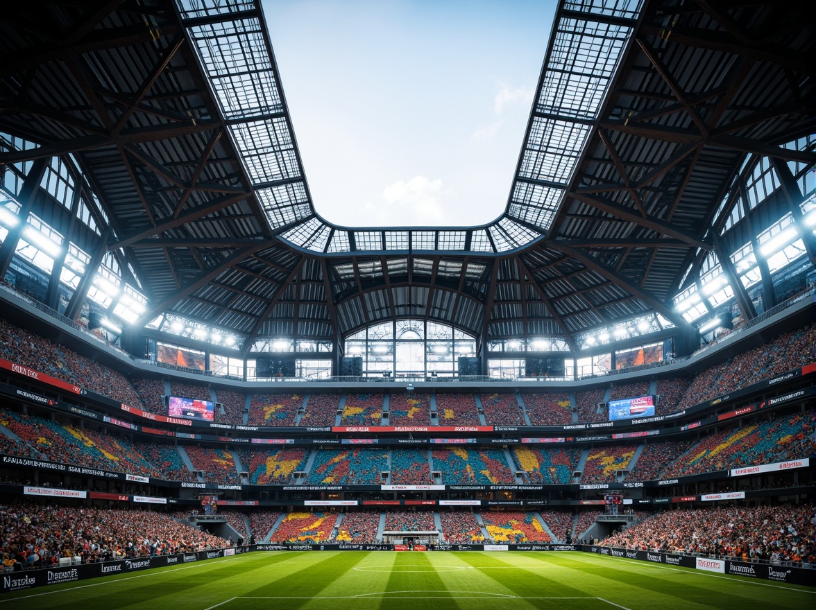 Prompt: Grandiose Gothic soccer stadium, intricately designed ribbed vaults, soaring ceilings, stunning stained glass windows, majestic flying buttresses, ornate tracery patterns, richly textured stone walls, vibrant colorful seating, lush green grass fields, modern LED scoreboard displays, sleek steel beams, translucent roofing materials, dramatic lighting effects, atmospheric fog machines, 1/1 composition, high-angle shot, realistic shadows, ambient occlusion.