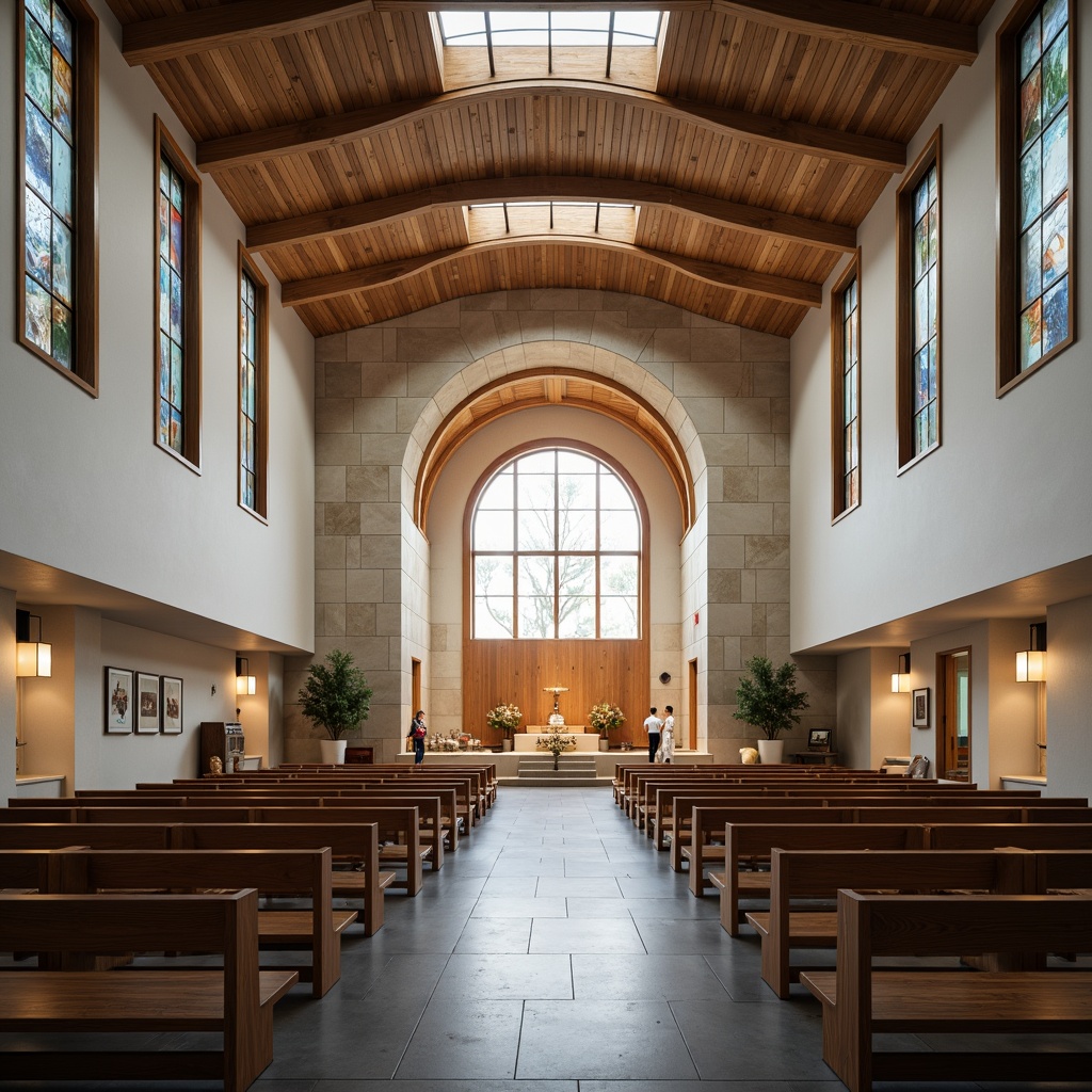 Prompt: Contemporary church interior, minimalist altar, sleek wooden pews, stained glass windows, vaulted ceilings, natural stone walls, ambient soft lighting, subtle color palette, modern sculptures, abstract artwork, open floor plans, circular seating arrangements, community-focused design, accessible ramps, sustainable building materials, energy-efficient systems, clerestory windows, diffused natural light, 3/4 composition, symmetrical architecture, grand entranceways, dramatic vertical spaces.