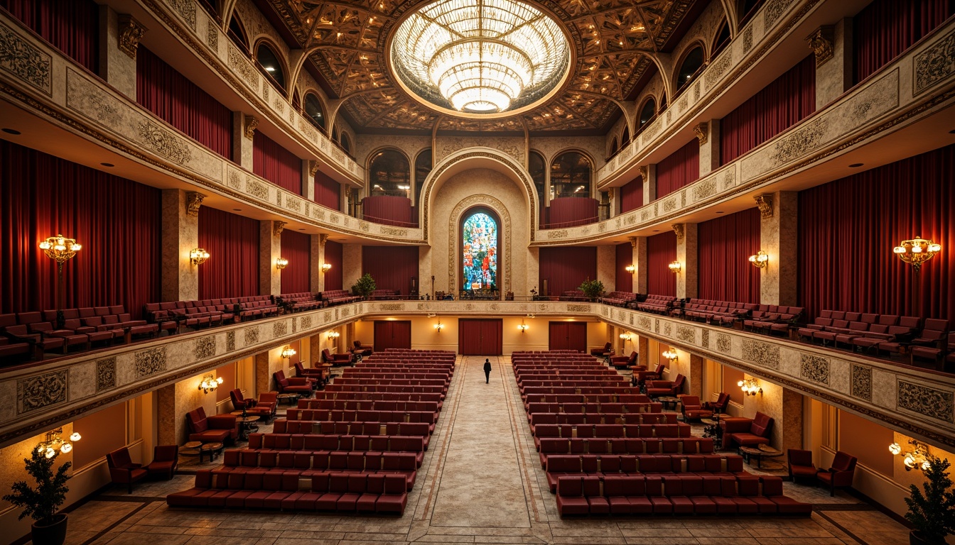 Prompt: Grand opera house, fusion architecture, curved domes, sweeping arches, ornate balconies, grand staircases, red velvet curtains, gold leaf detailing, crystal chandeliers, marble floors, intricate mosaics, vibrant stained glass, dramatic lighting, shallow depth of field, 1/2 composition, symmetrical framing, warm golden tones, soft focus, atmospheric mist.