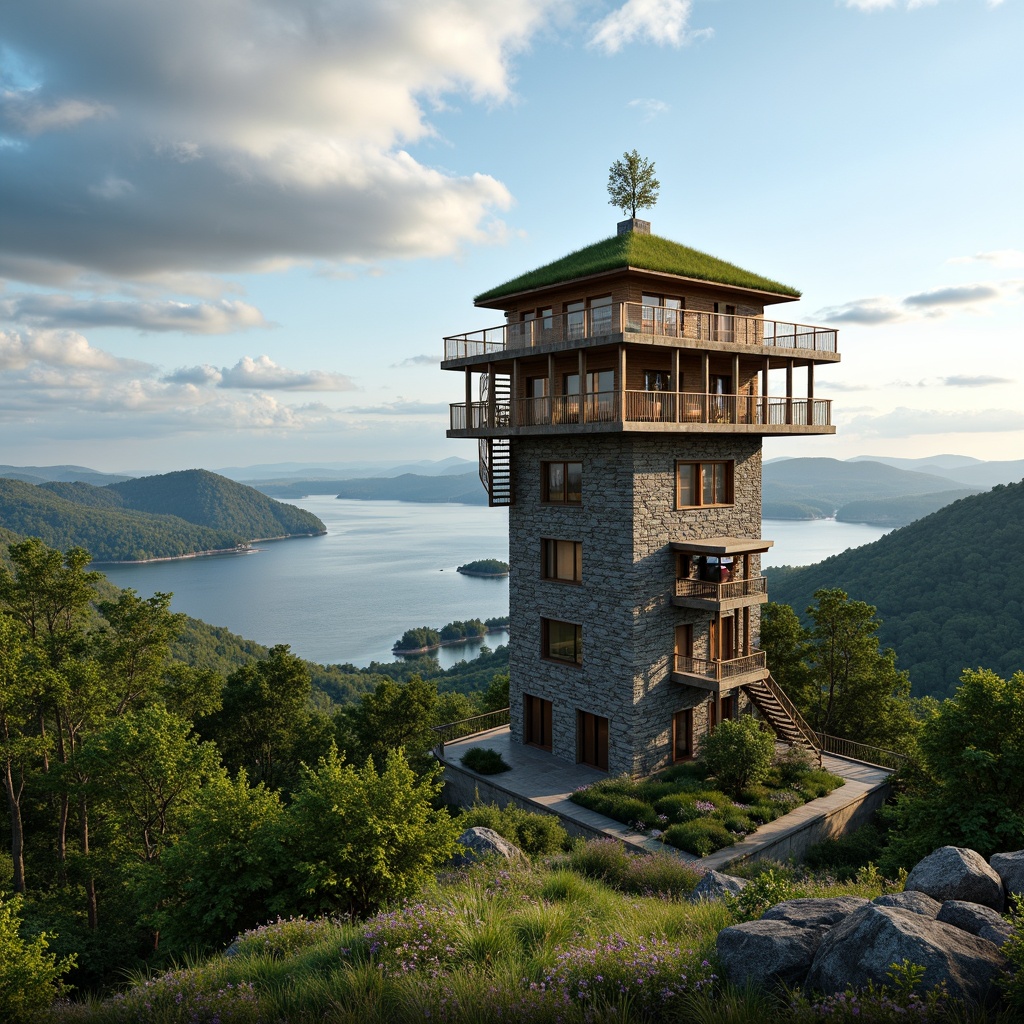 Prompt: Panoramic watching tower, rustic stone walls, lush green roofs, winding staircases, wooden observation decks, binoculars, telescopes, nature-inspired railings, scenic viewpoints, rolling hills, misty valleys, serene lakes, surrounding forests, blooming wildflowers, warm sunny days, soft gentle breezes, dramatic cloud formations, 3/4 composition, realistic textures, ambient occlusion.