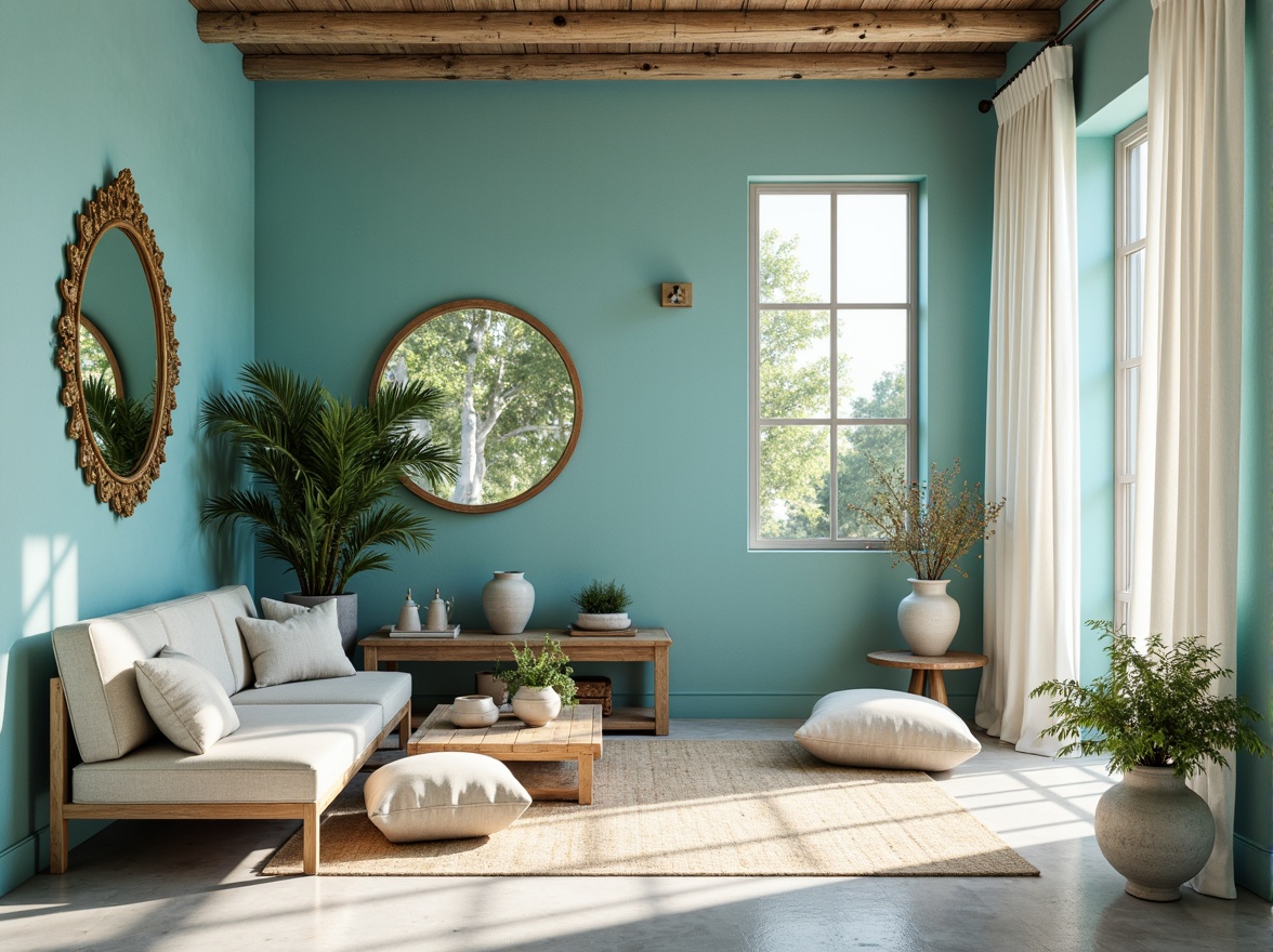 Prompt: Dreamy cerulean blue walls, soft creamy whites, warm golden accents, elegant ornate mirrors, lush green foliage, delicate ceramic vases, rustic wooden furniture, natural linen fabrics, airy open spaces, bright sunlit windows, gentle breeze, serene atmosphere, subtle gradient effects, 1/1 composition, shallow depth of field, realistic textures, ambient occlusion.