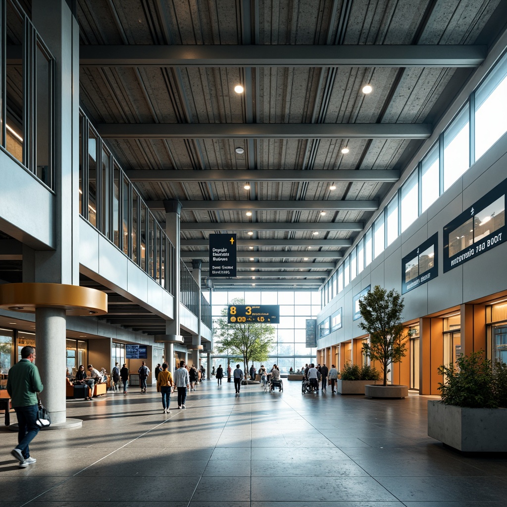 Prompt: Functional airport terminal, sleek metal frames, rectangular shapes, minimalist decor, industrial materials, polished concrete floors, large glass windows, natural light, open spaces, efficient traffic flow, modern signage, bold typography, primary color accents, geometric patterns, clean lines, simplicity, functionalism, 3/4 composition, shallow depth of field, soft warm lighting, realistic textures, ambient occlusion.