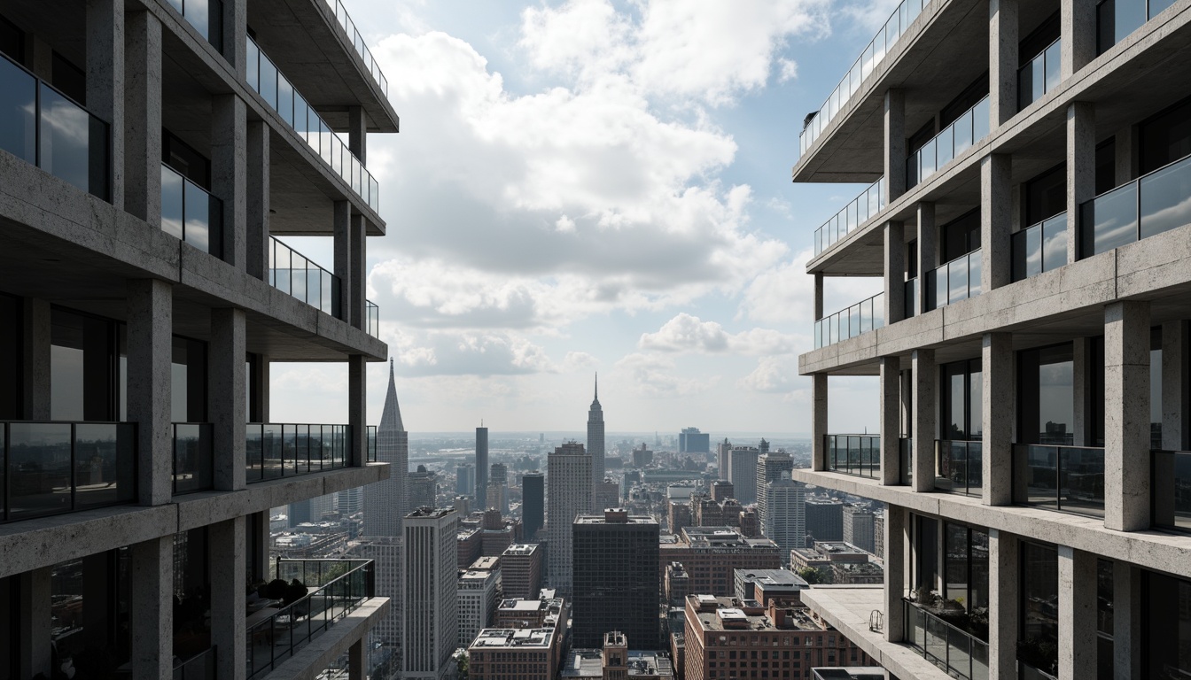 Prompt: Sleek watching towers, modernist architecture, reinforced concrete structures, angular lines, geometric shapes, cantilevered sections, floor-to-ceiling windows, minimalist design, industrial materials, metallic beams, exposed ductwork, functional simplicity, brutalist aesthetics, urban cityscape, cloudy skies, dramatic shadows, high-contrast lighting, cinematic composition, 2.35