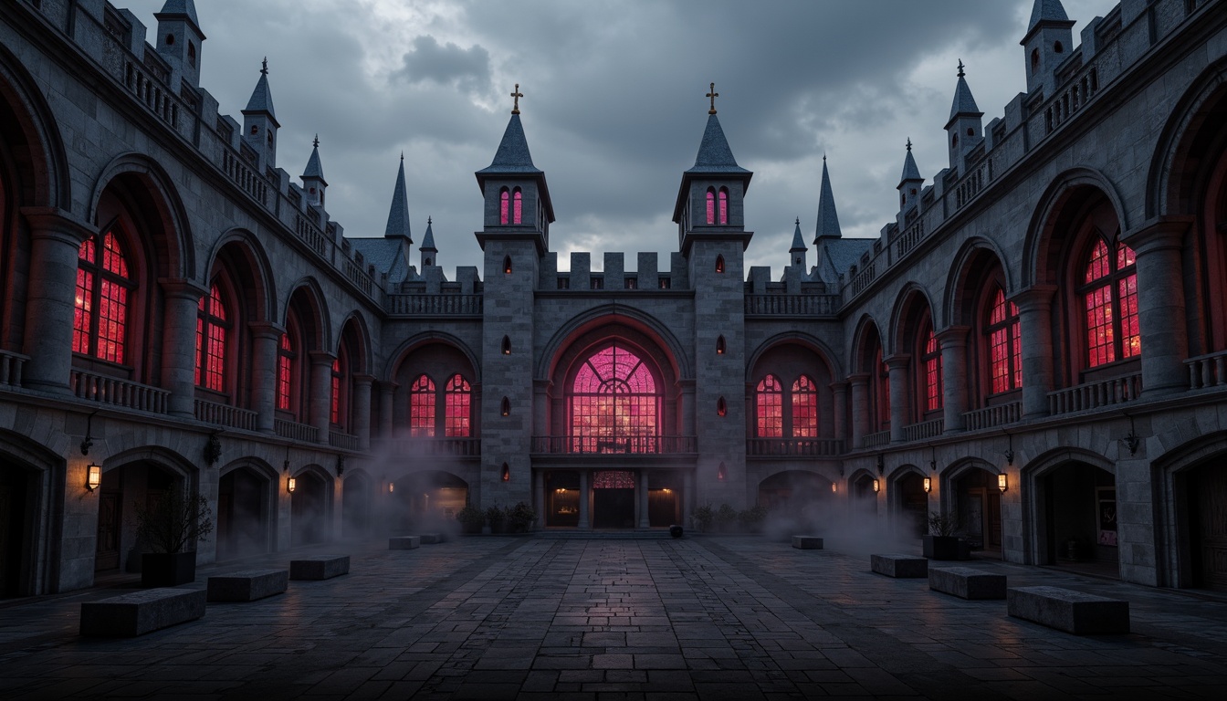 Prompt: Dark mysterious atmosphere, medieval-inspired architecture, grandiose stadium structure, weathered stone walls, pointed arches, ribbed vaults, stained glass windows, dramatic lighting, misty fog effects, eerie shadows, ominous clouds, foreboding sky, bold red accents, deep purple hues, rich gold trim, muted grey tones, mysterious black night, cinematic mood, high contrast ratio, atmospheric perspective, symmetrical composition, ornate details, intricate textures.