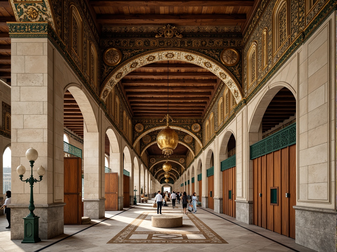 Prompt: Intricate arches, ornate carvings, golden mosaics, grand domes, symmetrical facades, rustic stone walls, weathered bronze doors, intricate marble patterns, vibrant turquoise accents, warm ambient lighting, shallow depth of field, 3/4 composition, panoramic view, realistic textures, ambient occlusion.