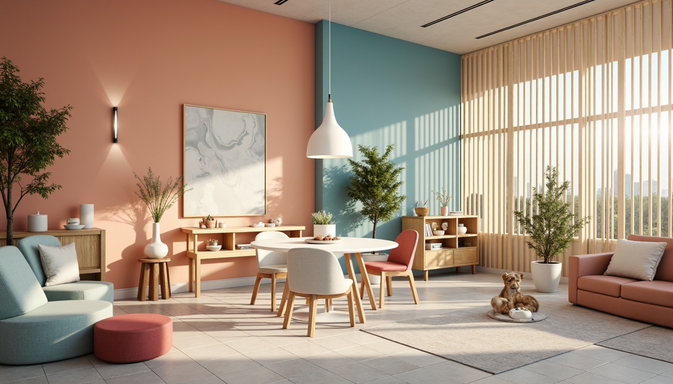 Prompt: Vibrant design studio, modern workspace, ergonomic furniture, pastel color scheme, soft peach tones, calming blue hues, creamy white accents, natural wood textures, geometric patterns, abstract artwork, creative lighting fixtures, cozy atmosphere, warm golden lighting, shallow depth of field, 1/1 composition, realistic renderings, ambient occlusion.