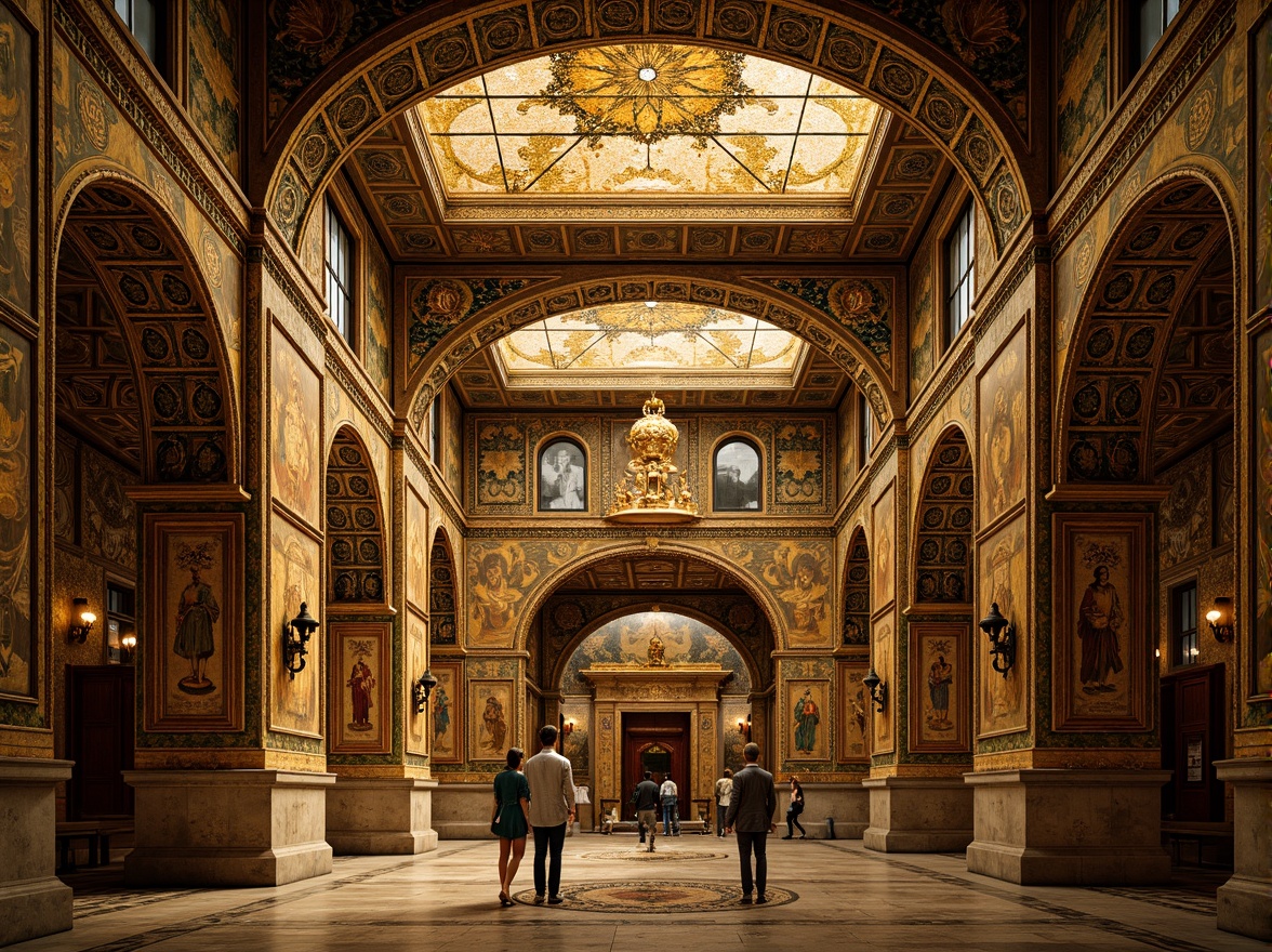 Prompt: Intricate Byzantine mosaics, golden tesserae, ornate patterns, rich jewel tones, opulent textures, lavish decorations, grand architectural scales, ornamental borders, symbolic iconography, mystical ambiance, soft warm lighting, shallow depth of field, 3/4 composition, panoramic view, realistic reflections, ambient occlusion.