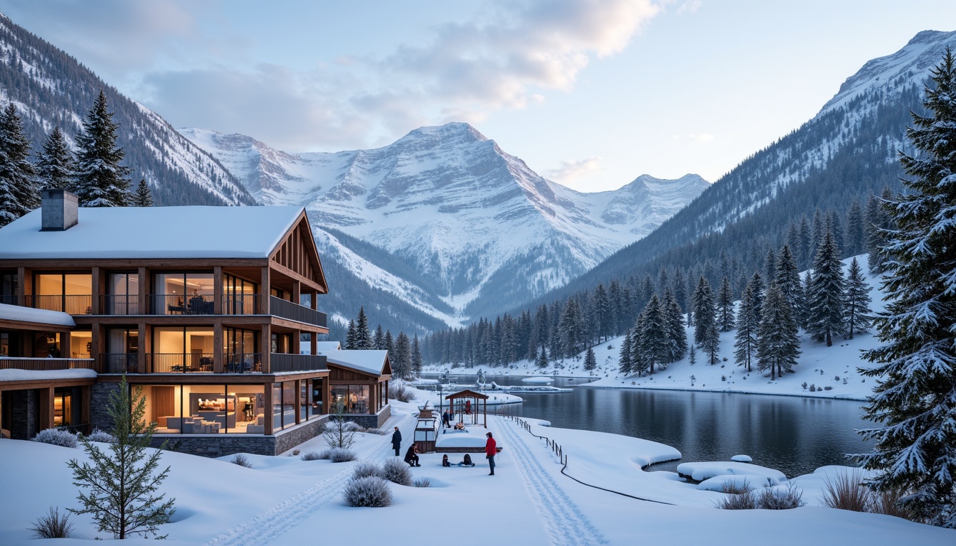 Prompt: Snow-capped mountains, frozen lakes, pine tree forests, ski slopes, chairlifts, gondolas, rustic wooden buildings, stone foundations, large windows, glass balconies, snow-covered rooftops, modern alpine architecture, warm interior lighting, cozy fireplaces, natural materials, earthy tones, winter sports equipment, ski racks, snowy trails, frosty mornings, soft misty atmosphere, shallow depth of field, 2/3 composition, realistic textures, ambient occlusion.