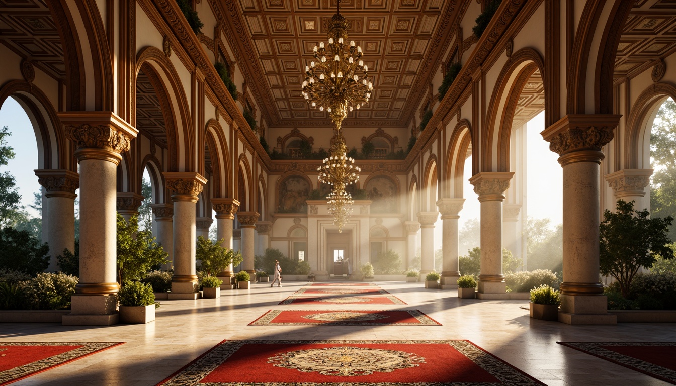 Prompt: Intricate arches, ornate carvings, golden mosaics, grand domes, Byzantine-inspired columns, marble floors, luxurious textiles, richly patterned rugs, opulent chandeliers, warm soft lighting, shallow depth of field, 1/2 composition, realistic stone textures, ambient occlusion, misty atmosphere, late afternoon sun, subtle warm glow.