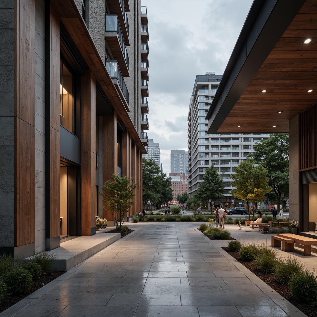 Prompt: Polished concrete floors, rough-hewn stone walls, matte metal accents, rich wood grains, smooth glass surfaces, minimalist ornamentation, clean lines, rectangular forms, functional simplicity, urban cityscape, cloudy grey skies, dramatic artificial lighting, low-angle shots, 1/1 composition, realistic reflections, ambient occlusion.