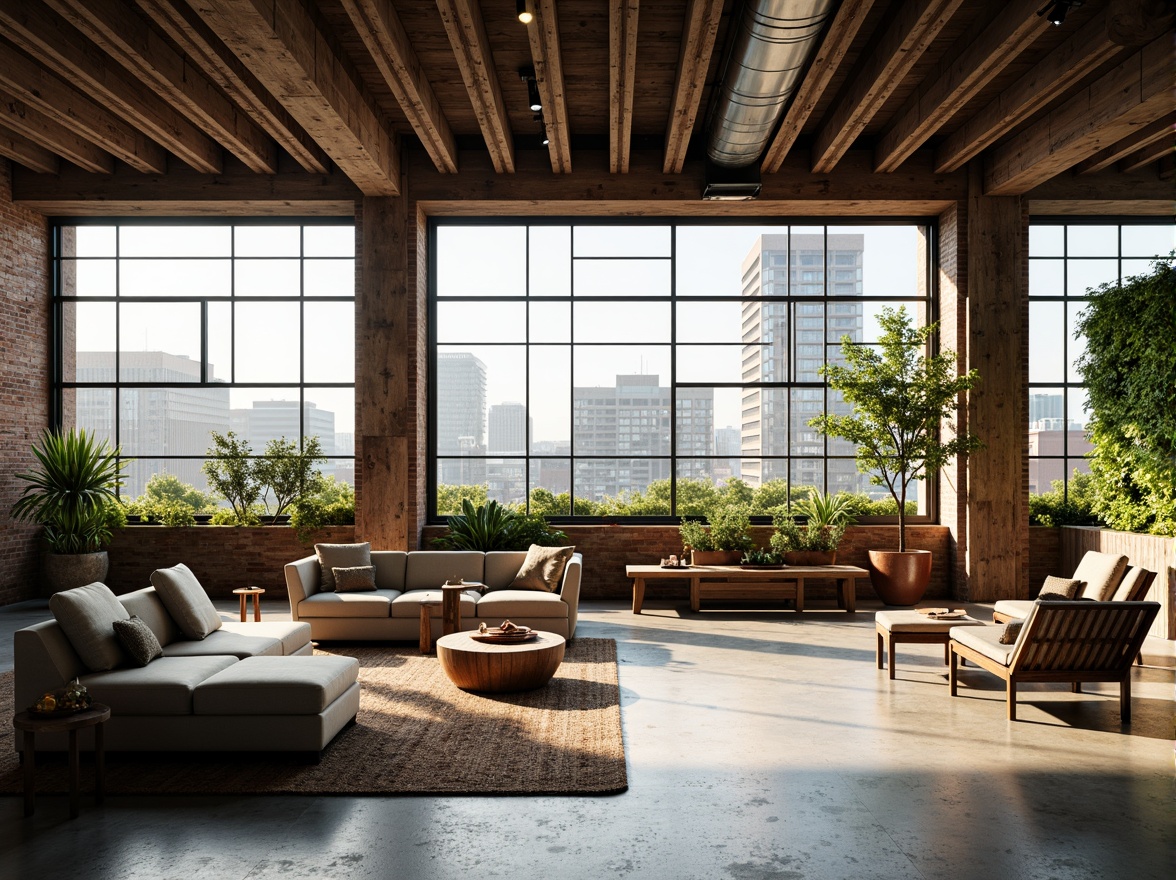 Prompt: Industrial chic loft, exposed brick walls, reclaimed wood accents, large windows, natural light, urban skyline views, eco-friendly materials, sustainable design, energy-efficient systems, green roofs, living walls, vertical gardens, minimalist decor, modern furniture, metallic tones, industrial lighting fixtures, open floor plan, high ceilings, airy atmosphere, soft warm lighting, shallow depth of field, 3/4 composition, realistic textures, ambient occlusion.