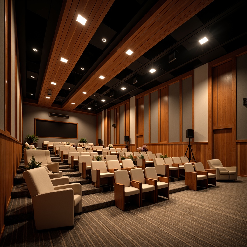 Prompt: Well-designed auditorium, plush seating areas, soft cushioning, elegant wood accents, subtle lighting fixtures, sophisticated sound systems, acoustic panels, comfortable temperature control, fresh air circulation, advanced ventilation ducts, silent air conditioning units, warm natural light, cozy atmosphere, 1/1 composition, shallow depth of field, realistic textures, ambient occlusion.