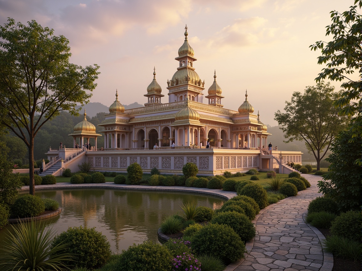 Prompt: Sacred temple, intricately carved stone walls, golden domes, serene water features, lush greenery, walking paths, meditation gardens, peaceful ambiance, soft natural lighting, warm sunset hues, misty atmosphere, subtle fog effects, 3/4 composition, symmetrical architecture, ornate decorations, cultural patterns, vibrant colors, natural materials, earthy tones, harmonious coexistence with nature, blending into surroundings, minimalist approach, emphasis on spirituality.