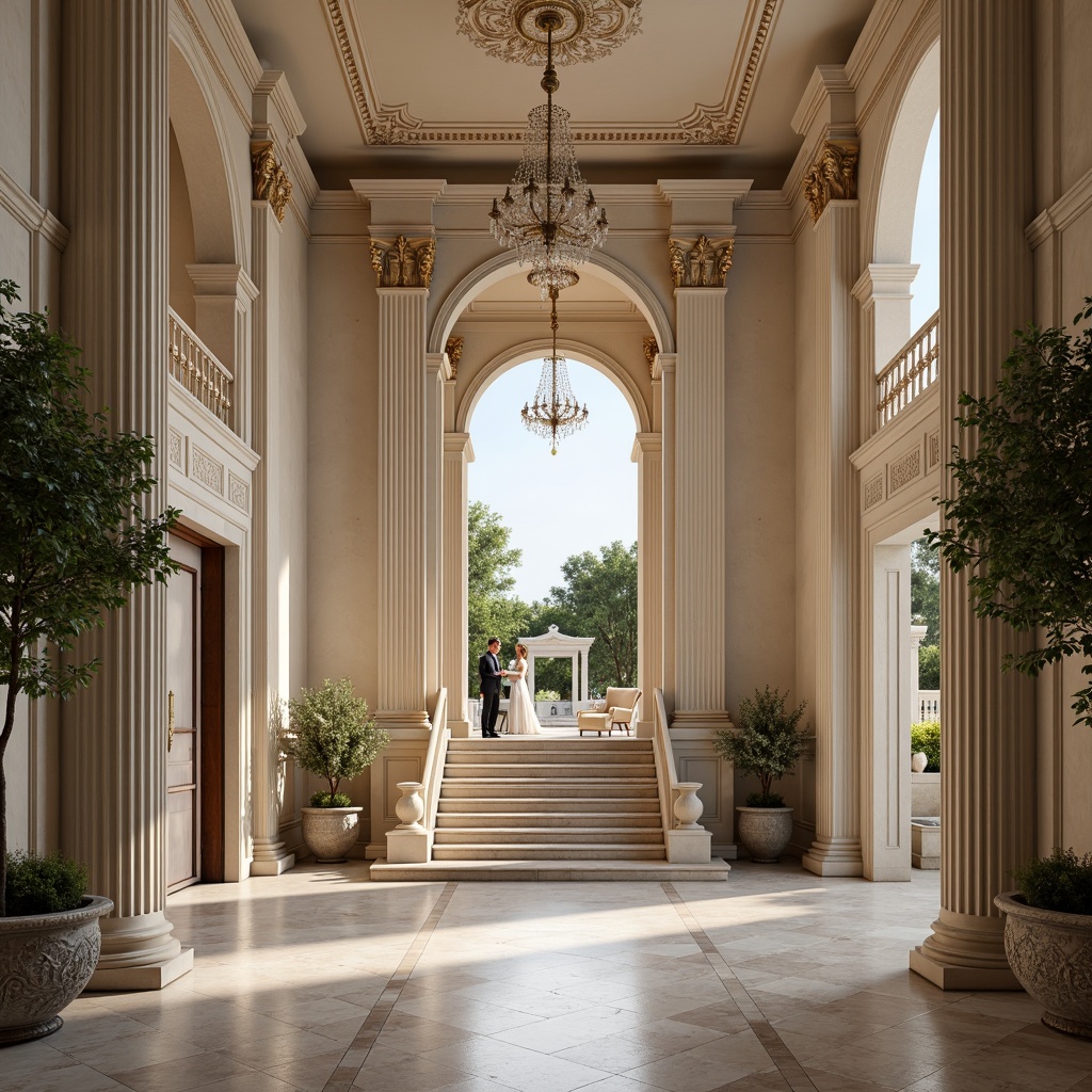 Prompt: Elegant villa facade, symmetrical composition, classical columns, ornate archways, grand entrance, sweeping staircases, crystal chandeliers, marble floors, luxurious furnishings, subtle color palette, soft natural light, warm ambient glow, 1/1 aspect ratio, central axis alignment, balanced visual weight, refined textures, intricate moldings.