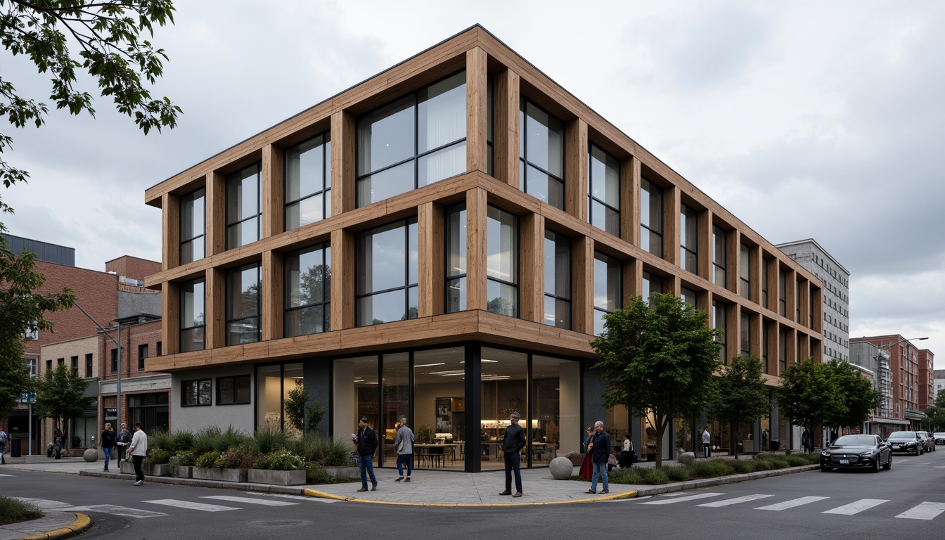 Prompt: Durable building facade, weathered steel cladding, rustic wood accents, low-maintenance aluminum frames, tempered glass windows, industrial chic aesthetic, urban cityscape, cloudy grey sky, soft natural lighting, shallow depth of field, 2/3 composition, realistic textures, ambient occlusion.