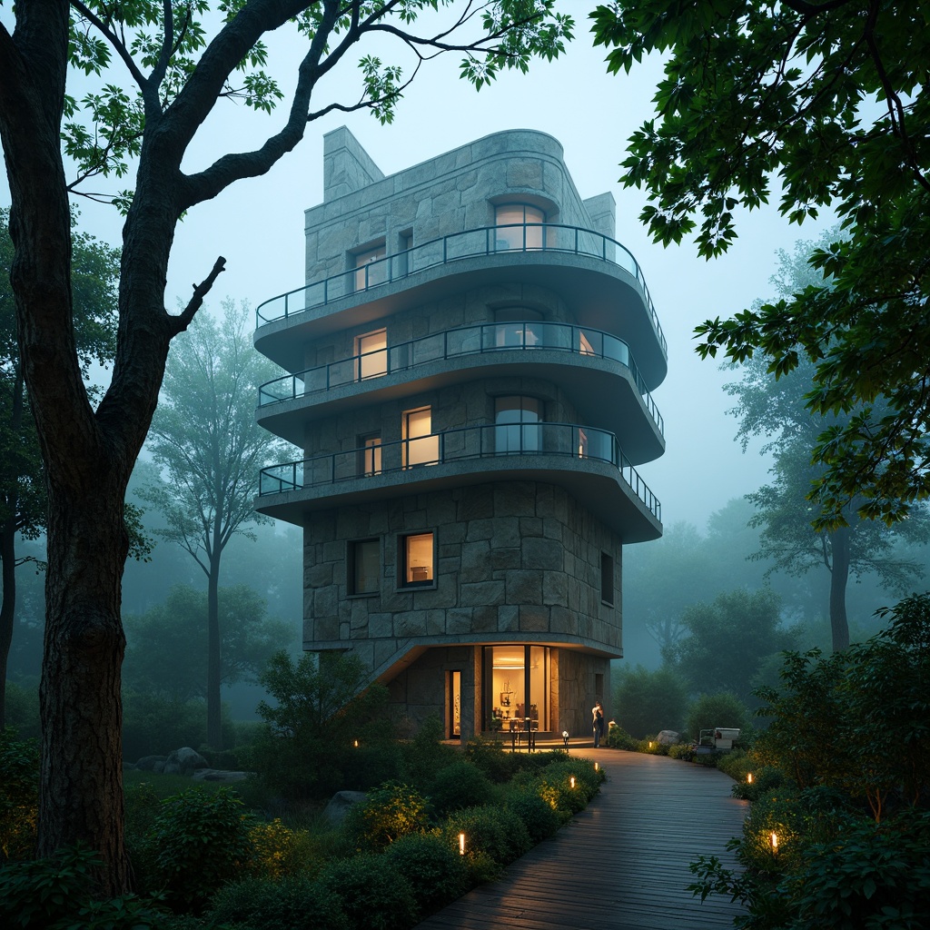 Prompt: Ethereal watching tower, misty atmospheric effects, lush green foliage, twisted tree branches, rugged stone walls, wooden plank walkways, lantern-like windows, mystical moonlight, soft warm glow, cinematic depth of field, 1/2 composition, panoramic view, realistic textures, ambient occlusion, earthy color palette, organic shapes, expressionist brushstrokes.