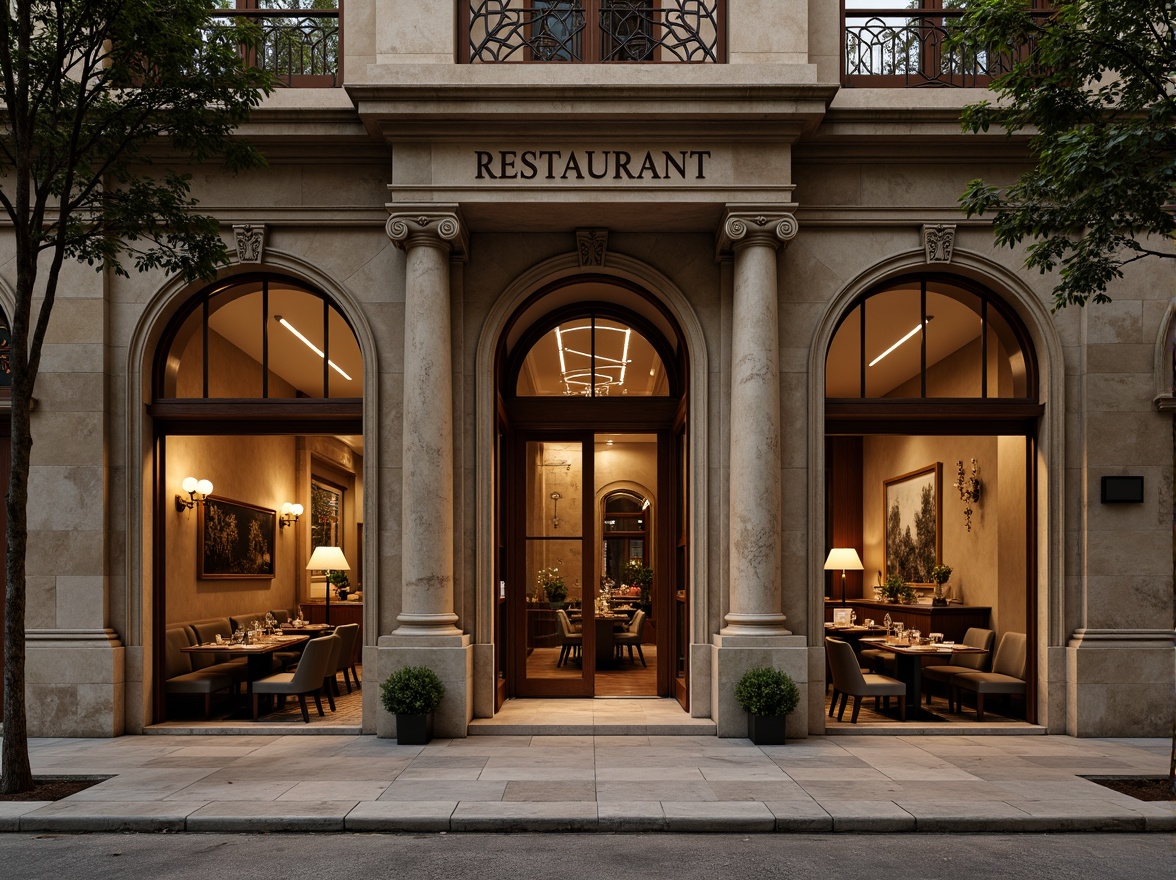 Prompt: Ornate restaurant facade, neoclassical architecture, grand entrance, Doric columns, architrave details, ornamental cornice, rustic stone walls, polished marble floors, elegant bronze doors, large arched windows, soft warm lighting, subtle shadows, shallow depth of field, 1/2 composition, symmetrical arrangement, realistic textures, ambient occlusion.