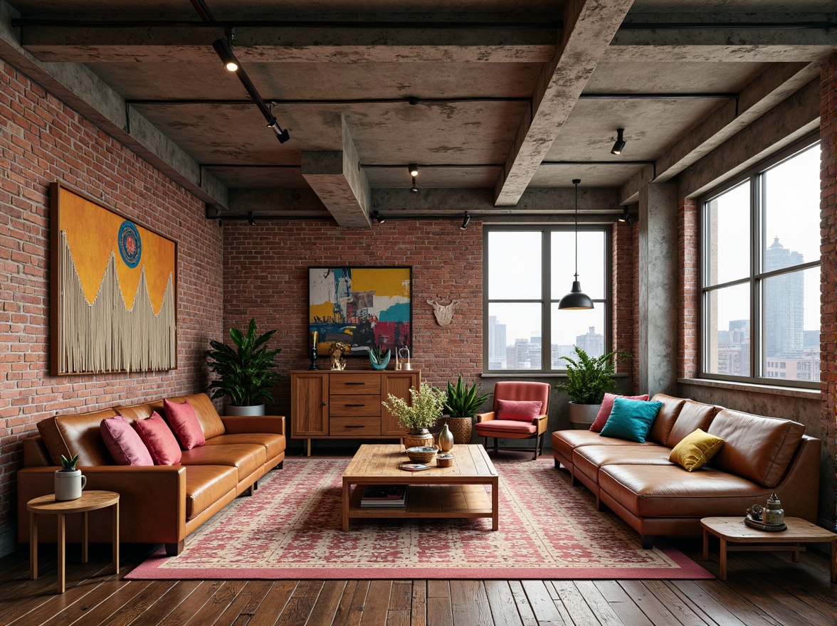 Prompt: Industrial chic loft, exposed brick walls, metal beams, wooden floors, eclectic art pieces, vintage furniture, bold color accents, bright coral pinks, deep turquoise blues, sunny yellow hues, natural textiles, woven baskets, macrame wall hangings, pendant lighting fixtures, reclaimed wood shelves, urban cityscape views, gritty concrete ceilings, distressed leather sofas, abstract expressionist artwork, dramatic floor lamps, geometric patterned rugs.