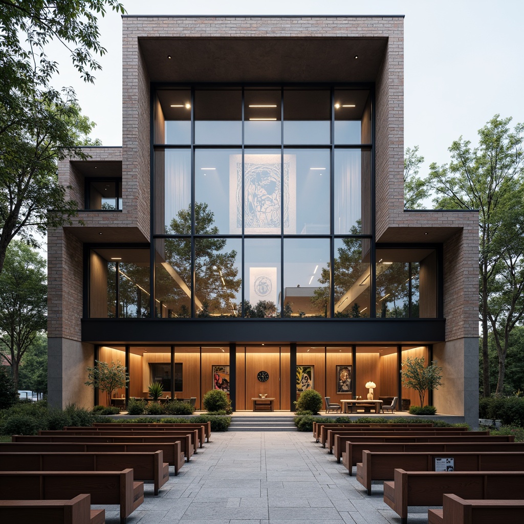 Prompt: Geometric church fa\u00e7ade, asymmetrical composition, rectangular forms, cantilevered roofs, industrial materials, exposed brickwork, steel frames, minimal ornamentation, clean lines, rectangular windows, abstract stained glass, neutral color palette, natural light filtering, subtle shadows, shallow depth of field, 2/3 composition, symmetrical axis, modernist influence, functional simplicity, spiritual ambiance, serene atmosphere, soft diffused lighting.