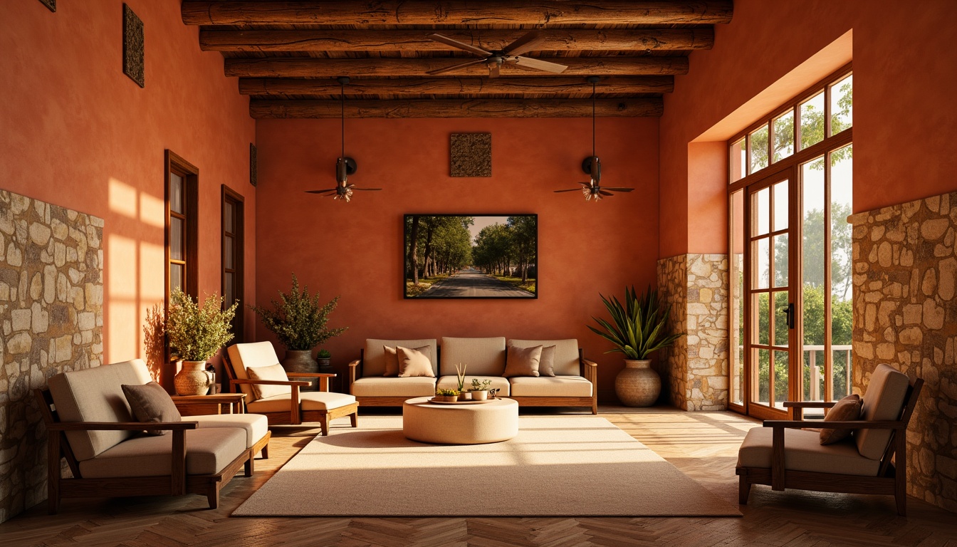 Prompt: Warm persimmon hues, earthy terracotta tones, soft golden light, natural stone walls, rustic wooden accents, cozy interior spaces, vibrant orange highlights, creamy beige textures, subtle warm neutrals, inviting atmosphere, intimate gathering areas, soft shadows, ambient warm lighting, shallow depth of field, 1/1 composition, realistic renderings.