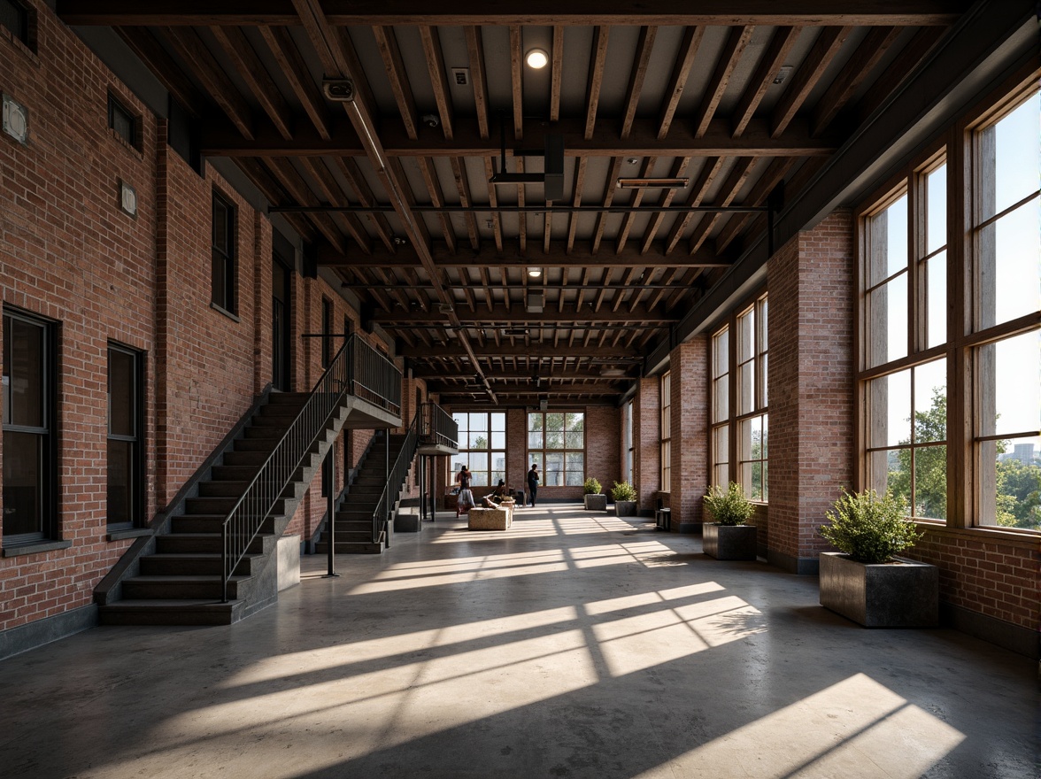 Prompt: Exposed steel beams, industrial chic decor, reclaimed wooden accents, polished concrete floors, minimalist lighting fixtures, urban loft atmosphere, high ceilings, open floor plans, metal staircase railings, distressed brick walls, raw unfinished textures, neutral color palette, dramatic shadow play, 1/1 composition, cinematic lighting, gritty urban landscape, abandoned factory setting, modern industrial architecture.