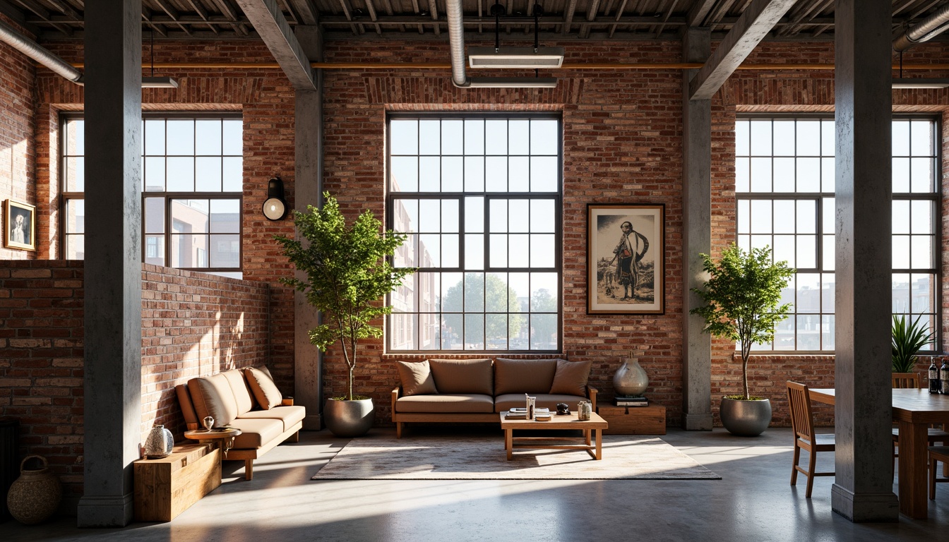 Prompt: Exposed brick walls, metal beams, industrial chic aesthetic, reclaimed wood accents, high ceilings, open spaces, minimalist decor, urban loft atmosphere, natural light pouring in, large windows, concrete floors, steel pillars, vintage decorative items, distressed finishes, eclectic artwork, cozy reading nooks, industrial-style lighting fixtures, functional simplicity, airy feel, 1/1 composition, soft warm lighting, shallow depth of field, realistic textures.