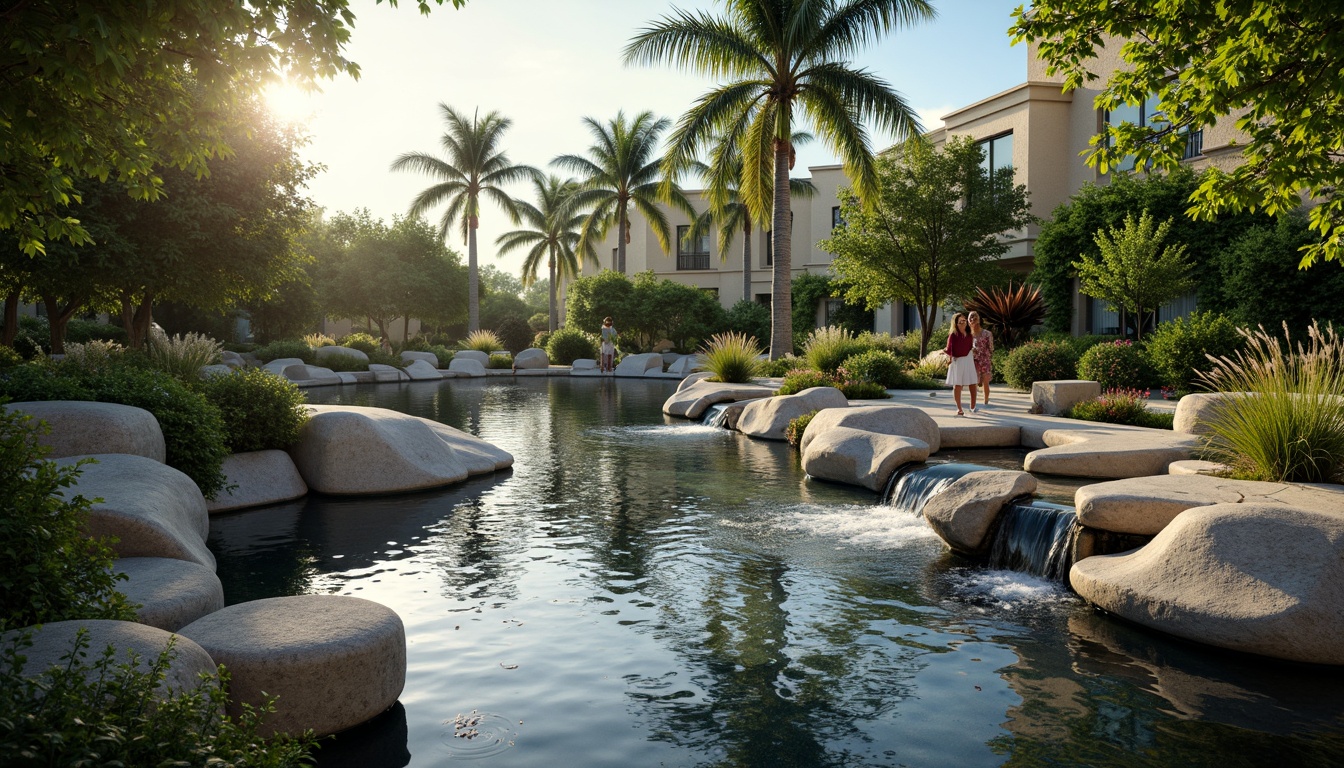 Prompt: Soothing water features, serene koi ponds, gentle flowing streams, natural stone waterfalls, modern fountain designs, tranquil pool reflections, lush greenery surroundings, tropical palm trees, warm sunny day, soft misting effects, shallow depth of field, 3/4 composition, panoramic view, realistic textures, ambient occlusion.