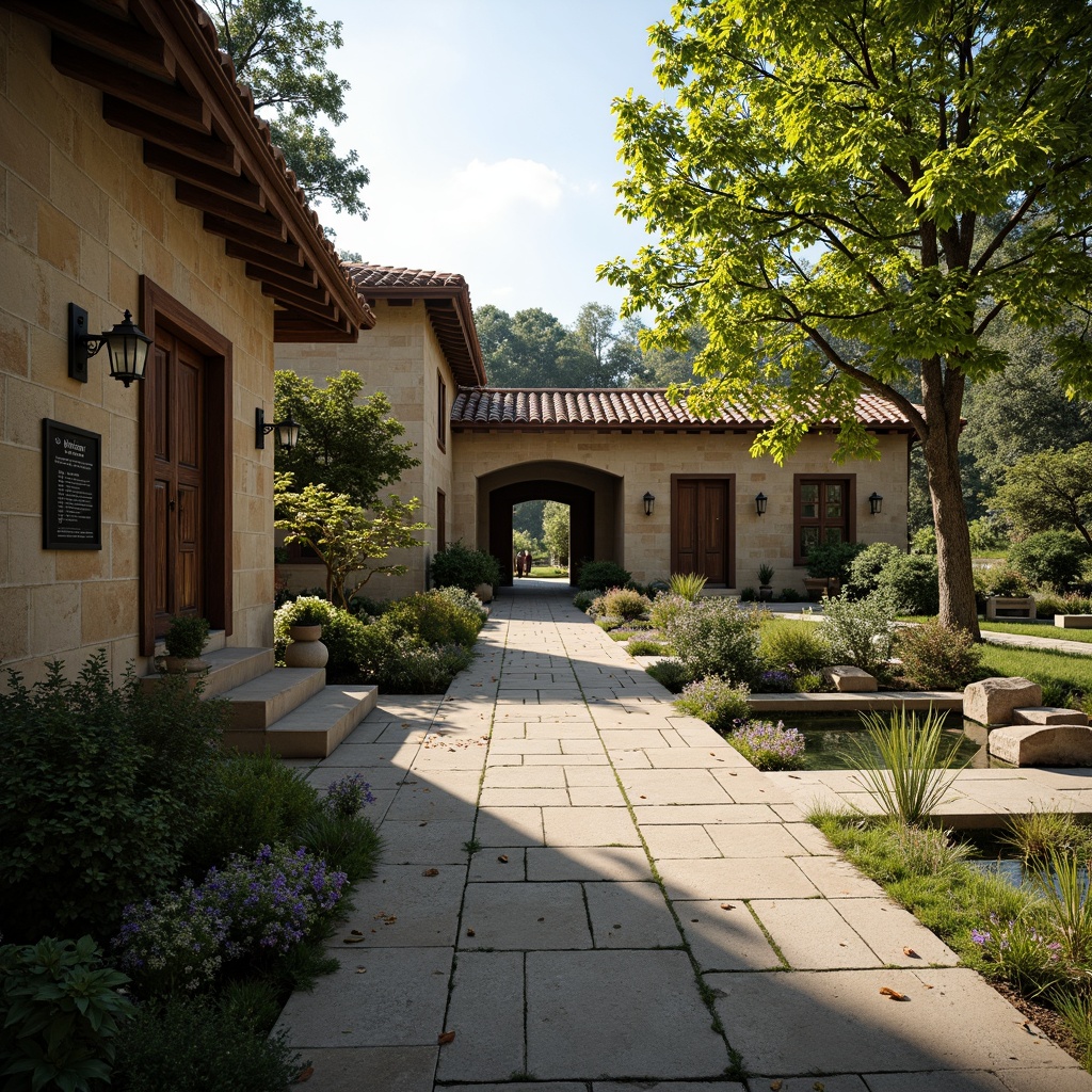 Prompt: Serenity-filled monastery courtyard, lush greenery, rustic stone walls, tranquil water features, walking paths, benches, lanterns, educational signage, wooden accents, ornate carvings, traditional architecture, grand entrance gates, sprawling gardens, blooming flowers, sunny afternoon, soft warm lighting, shallow depth of field, 3/4 composition, panoramic view, realistic textures, ambient occlusion.