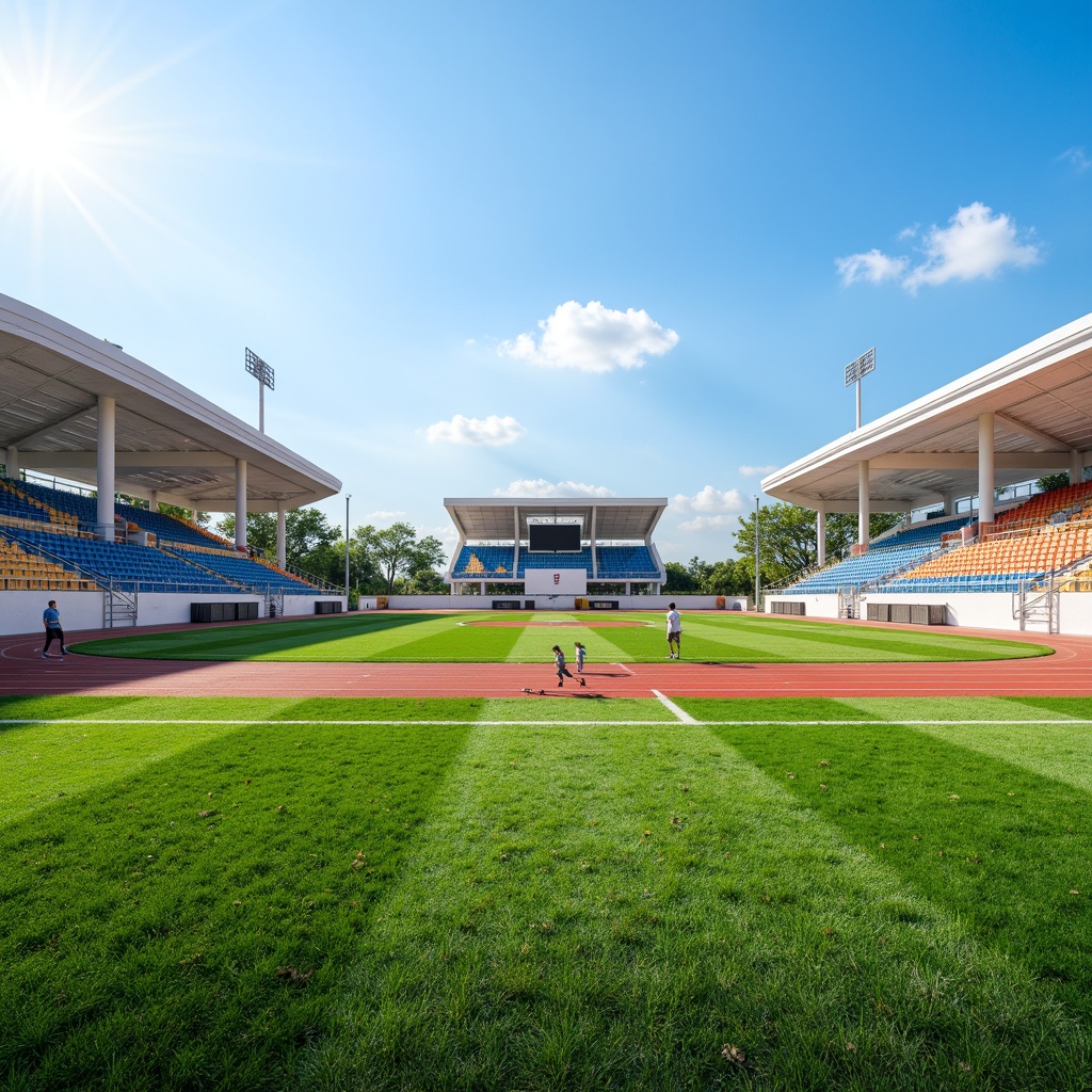 Prompt: Natural grass, artificial turf, rubber tracks, athletic equipment, soccer goals, basketball hoops, tennis courts, vibrant team colors, sunny day, clear blue sky, open space, modern sports architecture, sleek metal fences, durable plastic seats, scoreboard displays, floodlighting, shallow depth of field, 3/4 composition, panoramic view, realistic textures, ambient occlusion.