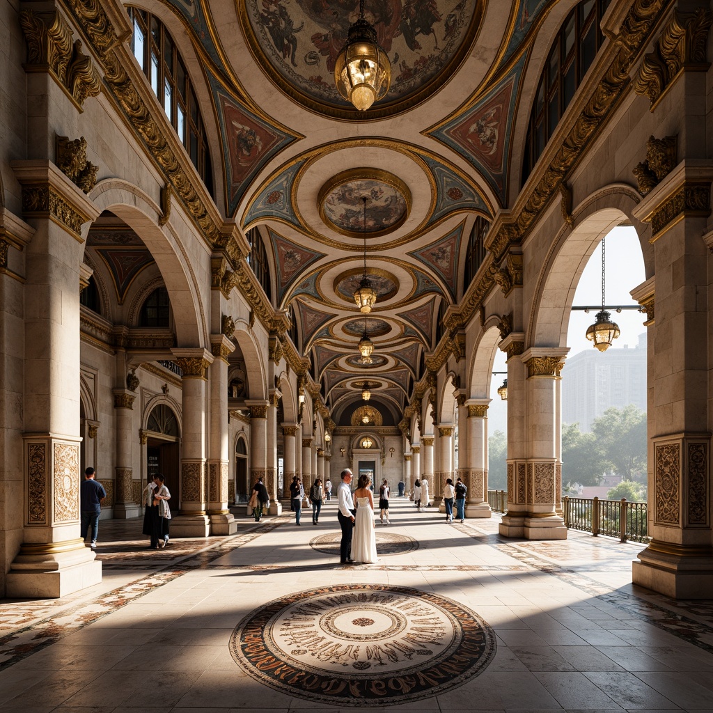 Prompt: Intricate stone carvings, ornate marble columns, grand arched windows, domed roofs, golden accents, ornamental metalwork, lavish mosaics, patterned brick walls, richly textured stucco, vibrant frescoes, soft warm lighting, shallow depth of field, 3/4 composition, panoramic view, realistic textures, ambient occlusion.