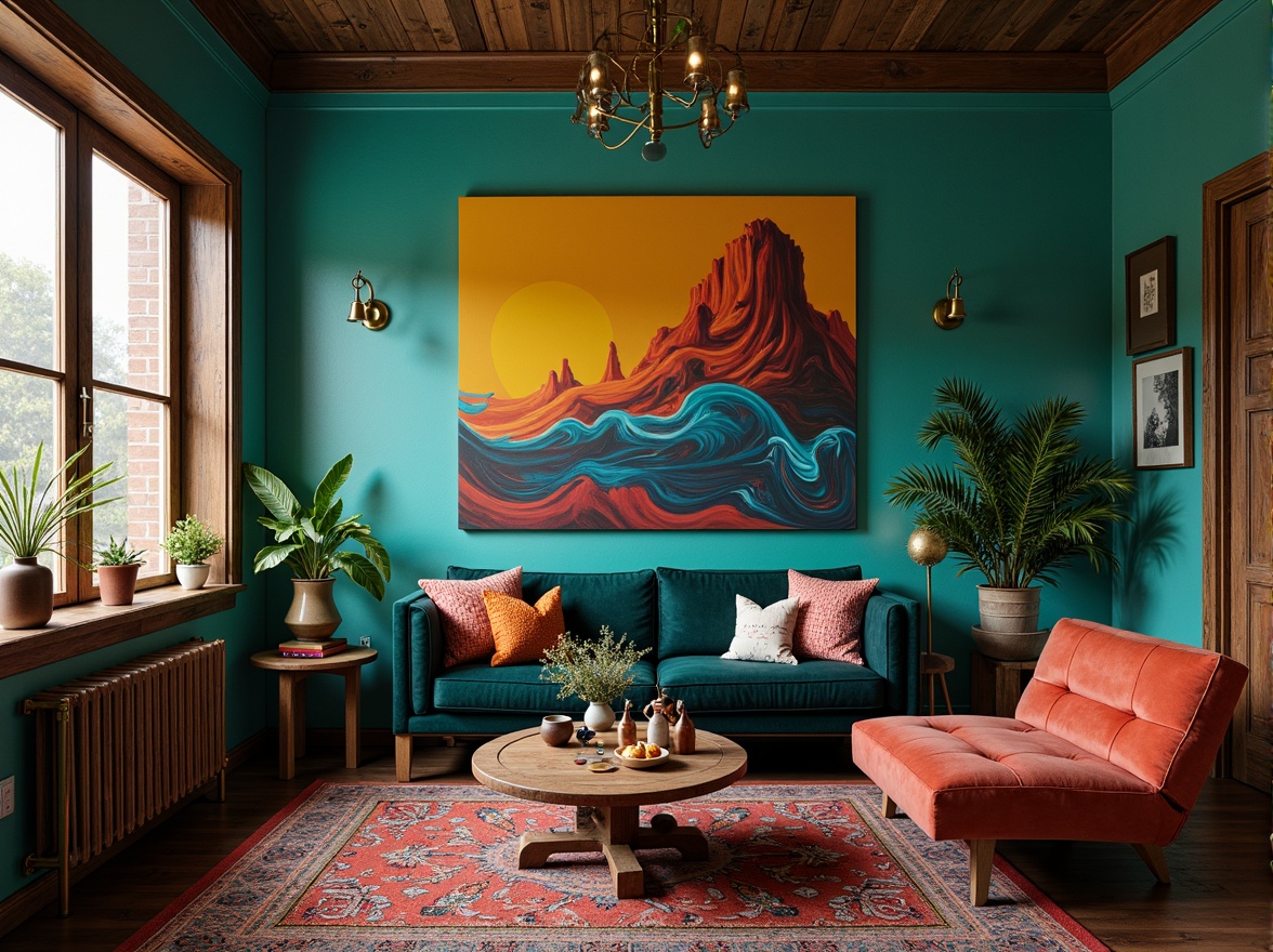 Prompt: Vibrant artistic studio, eclectic bohemian decor, rich turquoise walls, distressed wooden accents, plush velvet furniture, metallic gold fixtures, abstract expressionist artwork, bold brushstroke patterns, soft warm lighting, intimate cozy atmosphere, 1/1 composition, cinematic color grading, realistic textures, ambient occlusion.