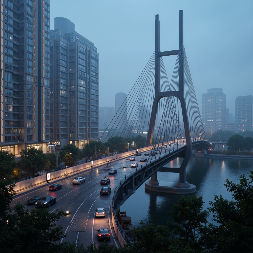 Prompt: Futuristic vehicular bridge, experimental architecture, sleek metallic structures, cable-stayed suspension, cantilevered sections, asymmetrical design, dynamic curves, LED lighting systems, neon-lit nightscapes, urban cityscape, misty atmospheric conditions, shallow depth of field, 1/2 composition, realistic reflections, ambient occlusion, advanced materials science, carbon fiber composites, aerodynamic forms, wind tunnel testing, structural integrity analysis, innovative load-carrying systems.