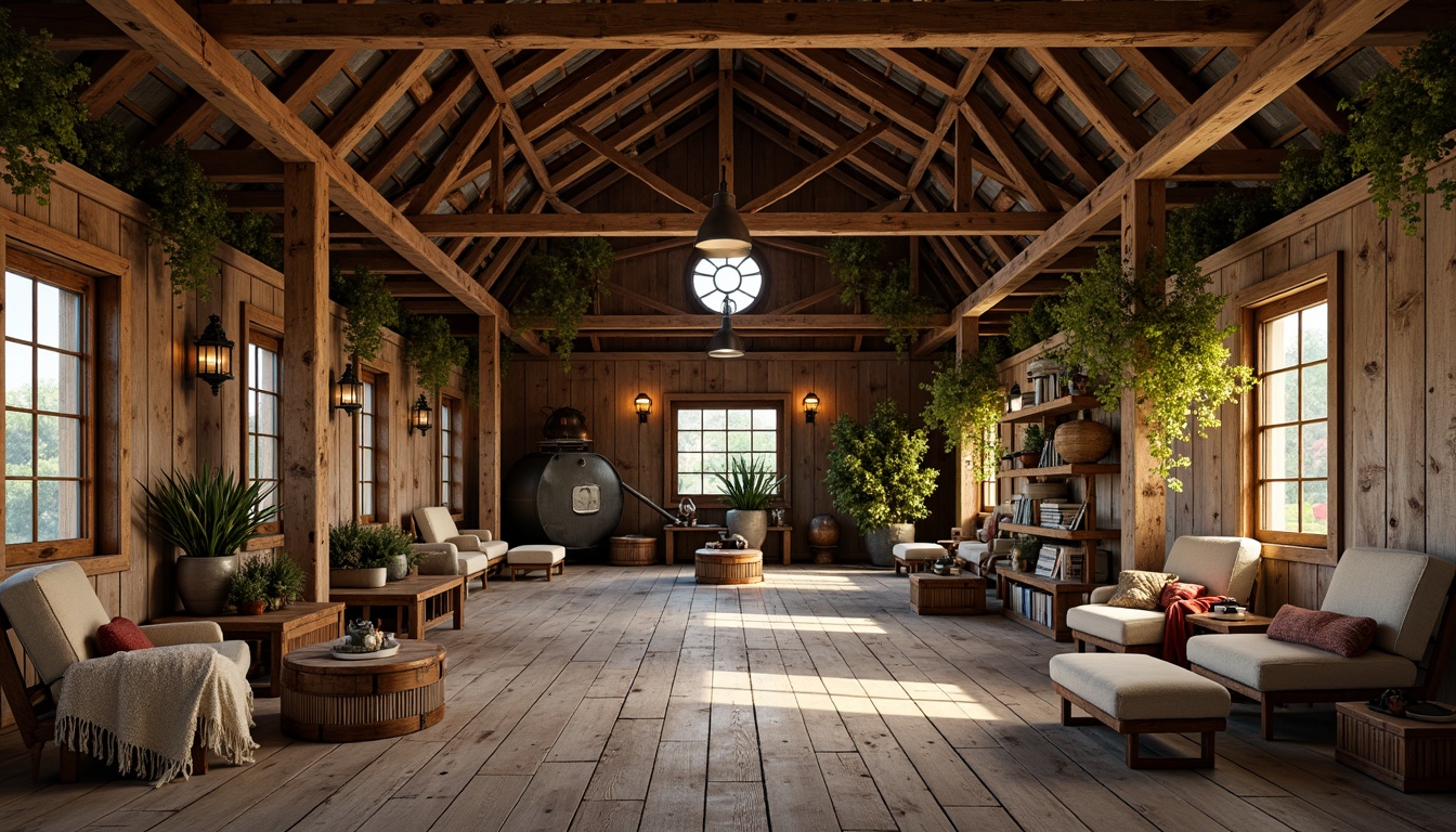 Prompt: Rustic barn, wooden planks, distressed textures, earthy tones, natural stone walls, vintage farm equipment, ivy-covered fa\u00e7ade, asymmetrical gables, weathered metal roofs, lantern-inspired lighting, cozy reading nooks, worn wooden furniture, warm earthy colors, soft golden lighting, shallow depth of field, 2/3 composition, rustic charm, nostalgic ambiance.