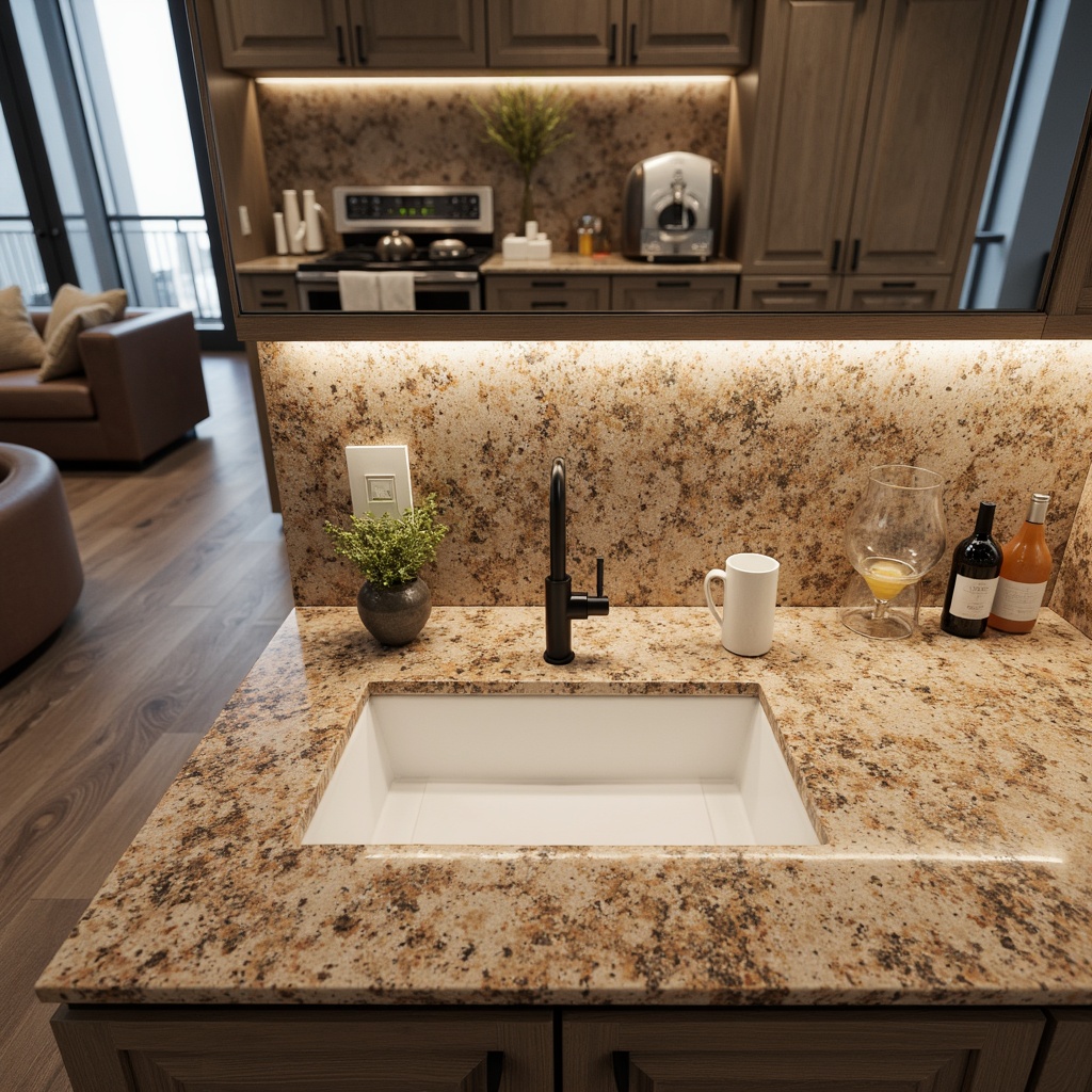 Prompt: Natural granite countertops, earthy tones, speckled patterns, polished surfaces, luxurious ambiance, high-end interiors, modern kitchen design, elegant bathroom decor, durable materiality, heat-resistant properties, low-maintenance requirements, versatile color palette, natural stone textures, sophisticated architectural elements, neutral background, subtle shine, ambient lighting, 1/1 composition, realistic rendering.