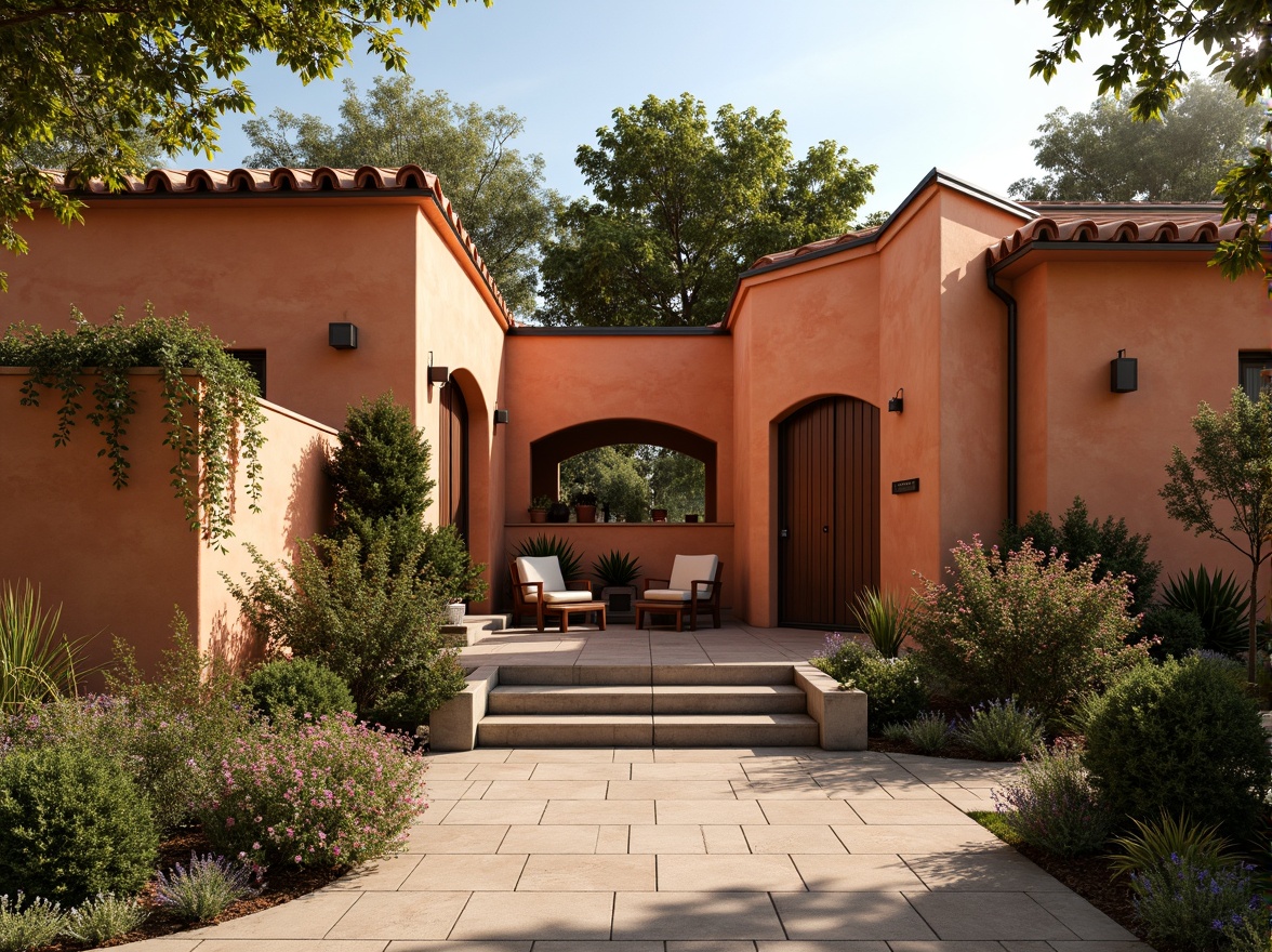 Prompt: Warm persimmon hues, earthy tones, rustic charm, Mediterranean-inspired architecture, curved lines, ornate details, terracotta roofs, stucco walls, wooden accents, natural stone flooring, vibrant greenery, lush vines, blooming flowers, sunny afternoon, soft warm lighting, shallow depth of field, 3/4 composition, panoramic view, realistic textures, ambient occlusion.Please let me know if this meets your requirements!