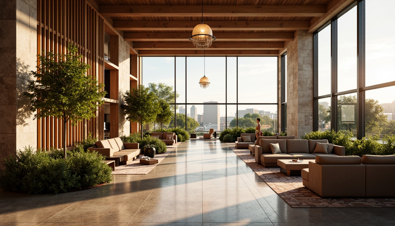 Prompt: Cozy hotel lobby, warm wooden accents, large floor-to-ceiling windows, soft diffused natural light, elegant chandeliers, plush furnishings, vibrant greenery, modern minimalist decor, calm ambiance, gentle warm colors, textured stone walls, sleek metal frames, panoramic city views, bright sunny day, shallow depth of field, 1/1 composition, realistic textures, ambient occlusion.