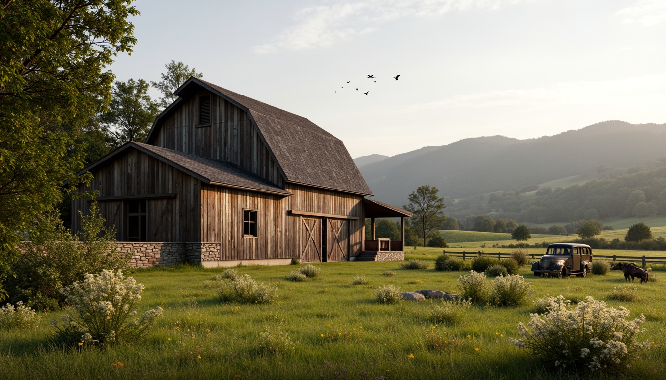 Prompt: Rustic barn, wooden accents, natural stone walls, rolling hills, lush green meadows, wildflower fields, serene rural landscape, vintage farm equipment, distressed wood textures, earthy color palette, warm soft lighting, shallow depth of field, 1/1 composition, symmetrical framing, realistic vegetation, ambient occlusion, misty morning atmosphere, gentle breeze movement.