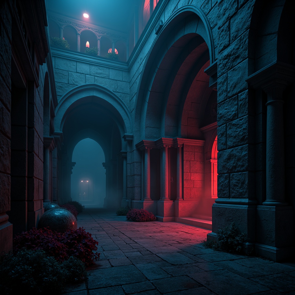 Prompt: Dark mystical atmosphere, foreboding gothic arches, imposing stone structures, intricate carvings, dramatic spotlights, eerie fog effects, mysterious darkness, bold crimson accents, deep indigo hues, weathered bronze details, ominous nighttime scene, intense floodlighting, high-contrast shadows, 3/4 composition, cinematic depth of field, realistic stone textures, ambient occlusion.