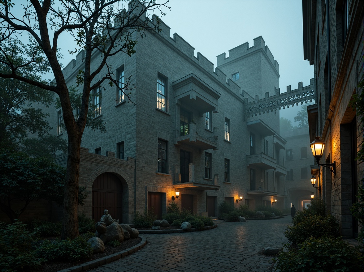 Prompt: Mysterious medieval castle, rugged stone walls, grandiose towers, stained glass windows, ornate Gothic arches, misty foggy atmosphere, mystical forest surroundings, twisted tree branches, overgrown vegetation, winding cobblestone paths, lantern-lit walkways, ancient ruins, weathered statues, eerie silence, low-key warm lighting, cinematic composition, dramatic shadows, high contrast ratio.